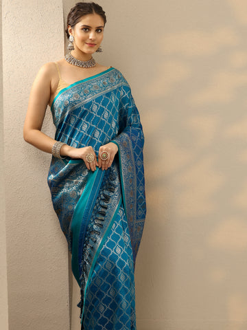 Blue Embellished Banarasi Silk Blend Saree With Unstitched Blouse Piece