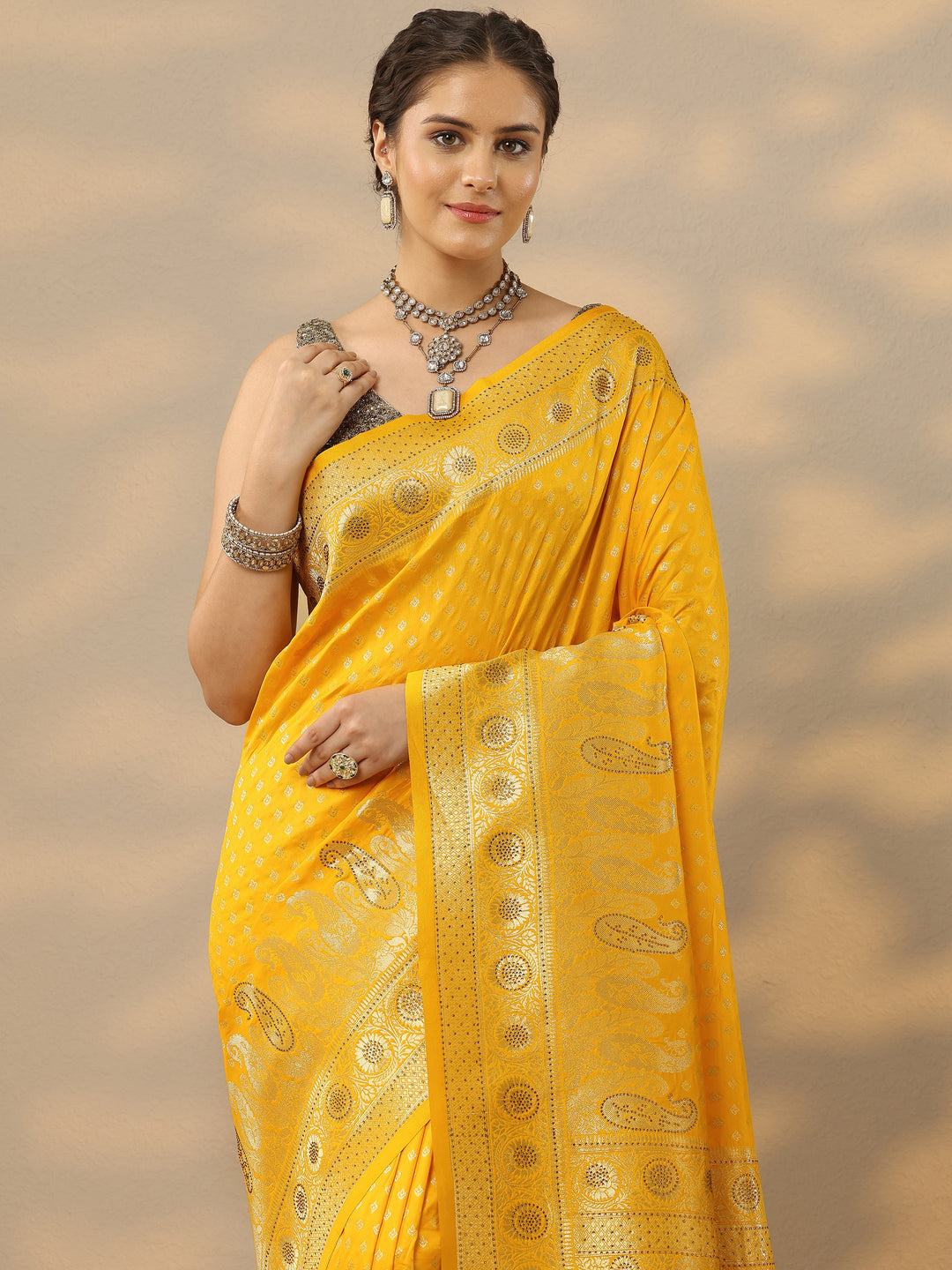  Yellow Embellished Banarasi Silk Blend Saree With Unstitched Blouse Piece 