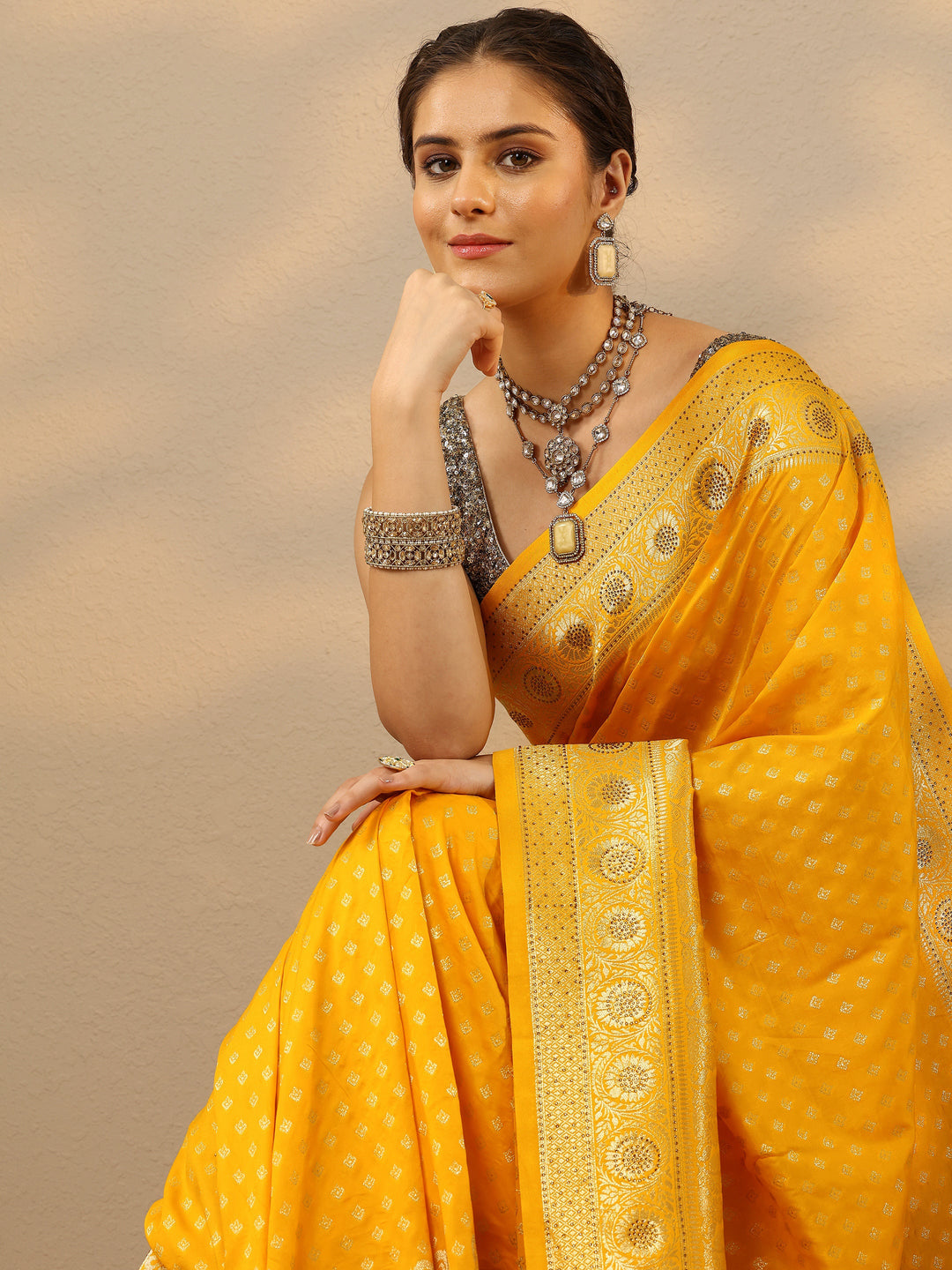 Yellow Embellished Banarasi Silk Blend Saree With Unstitched Blouse Piece 
