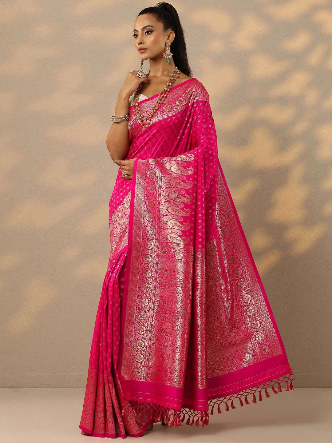 Pink Woven Design Banarasi Silk Blend Saree With Unstitched Blouse Piece 