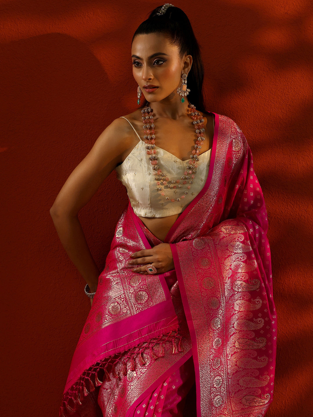  Pink Woven Design Banarasi Silk Blend Saree With Unstitched Blouse Piece 