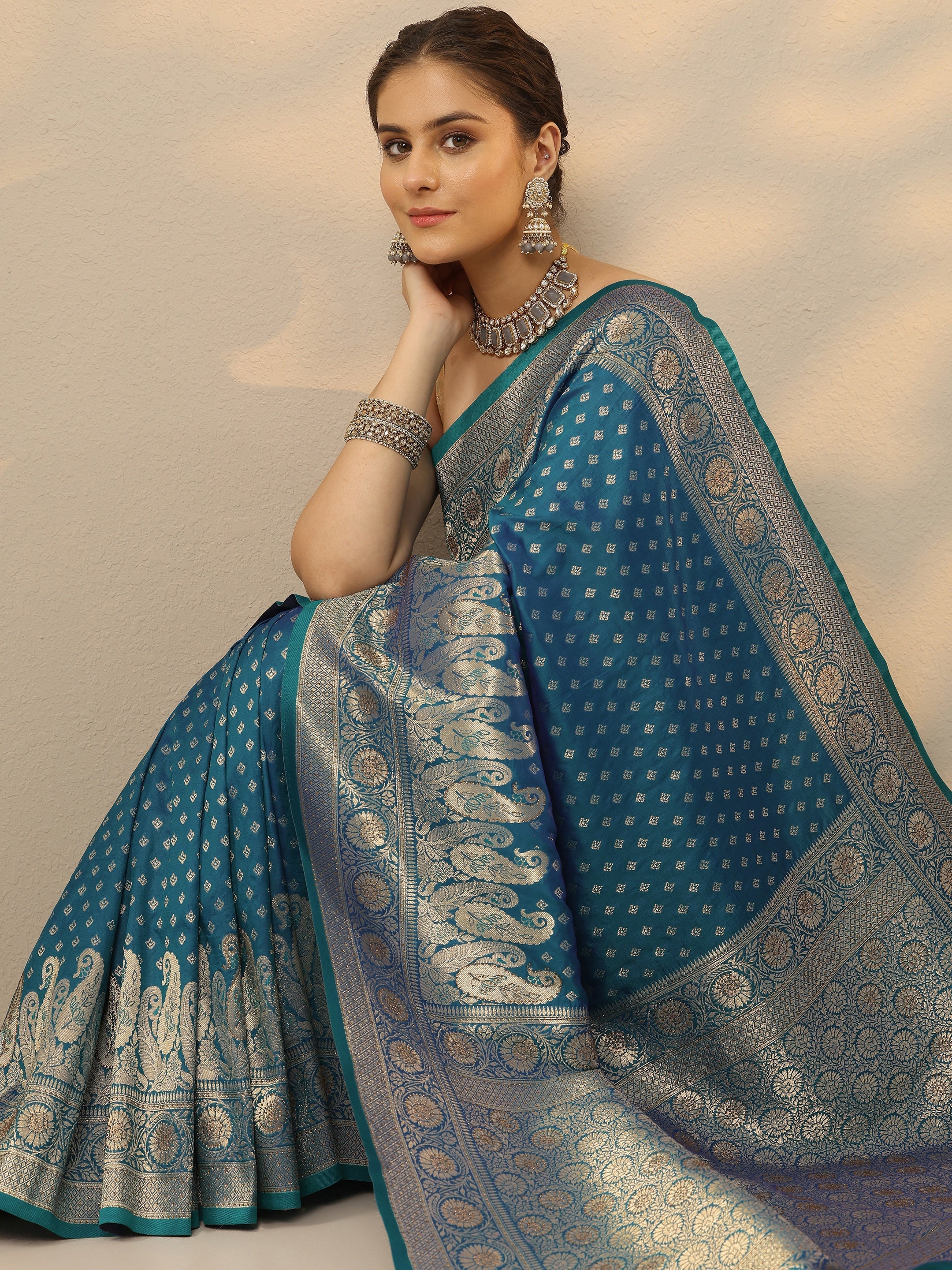 libas Blue Woven Design Banarasi Silk Blend Saree With Unstitched Blouse Piece-picture-42