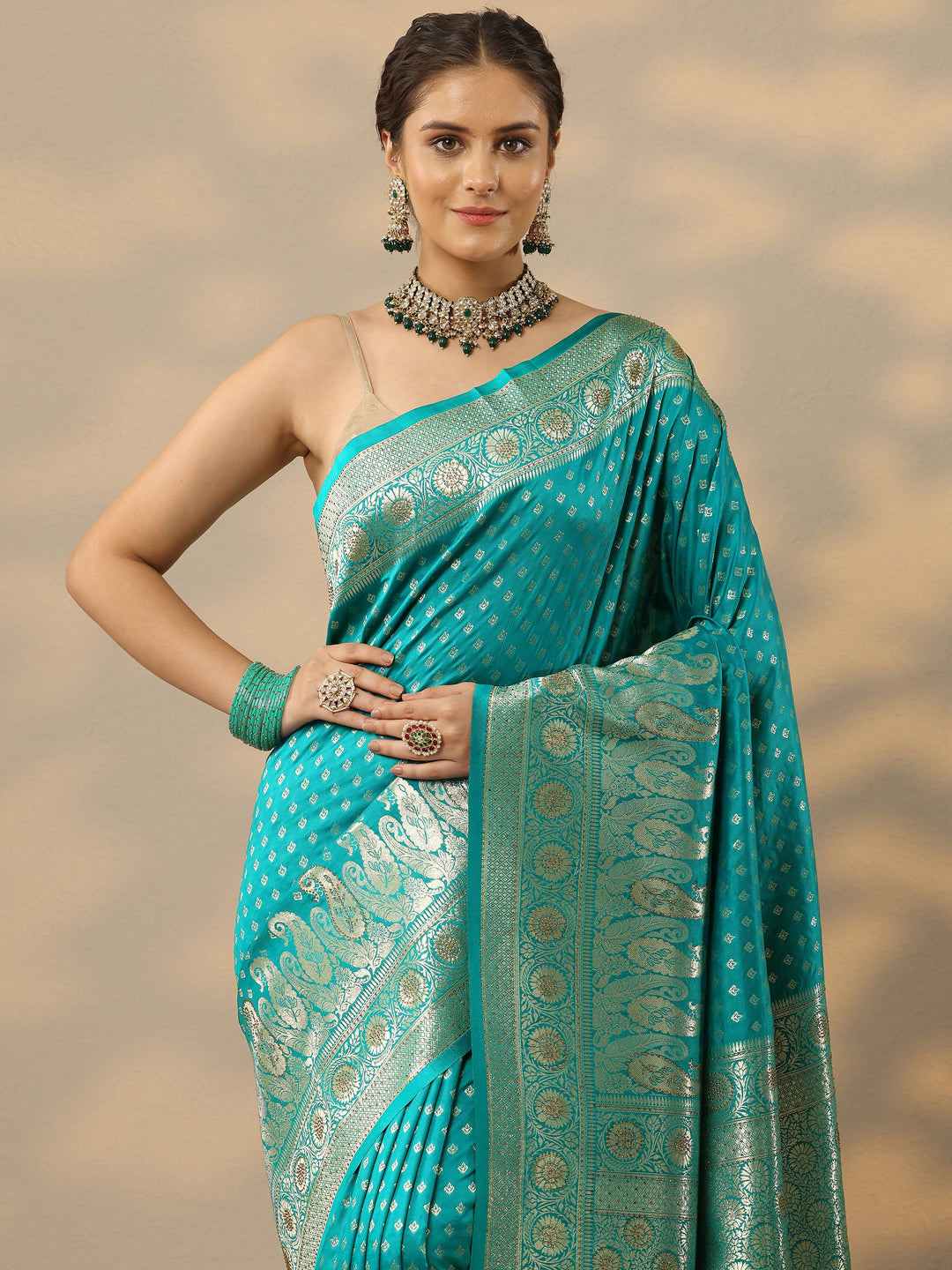  Green Embellished Banarasi Silk Blend Saree With Unstitched Blouse Piece 
