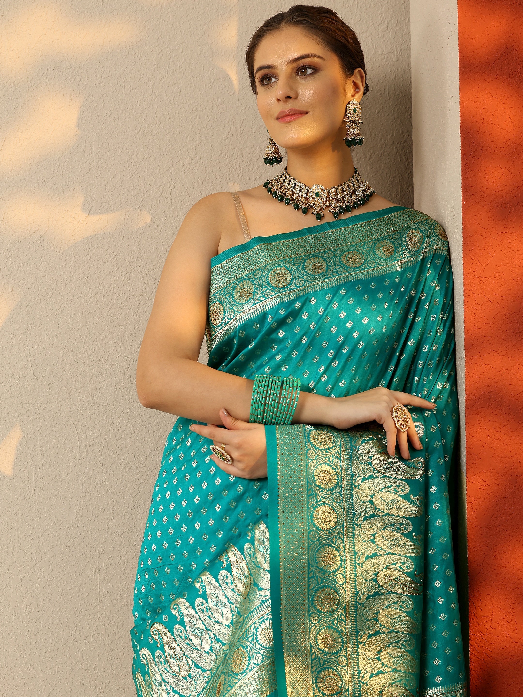libas Green Embellished Banarasi Silk Blend Saree With Unstitched Blouse Piece-picture-45
