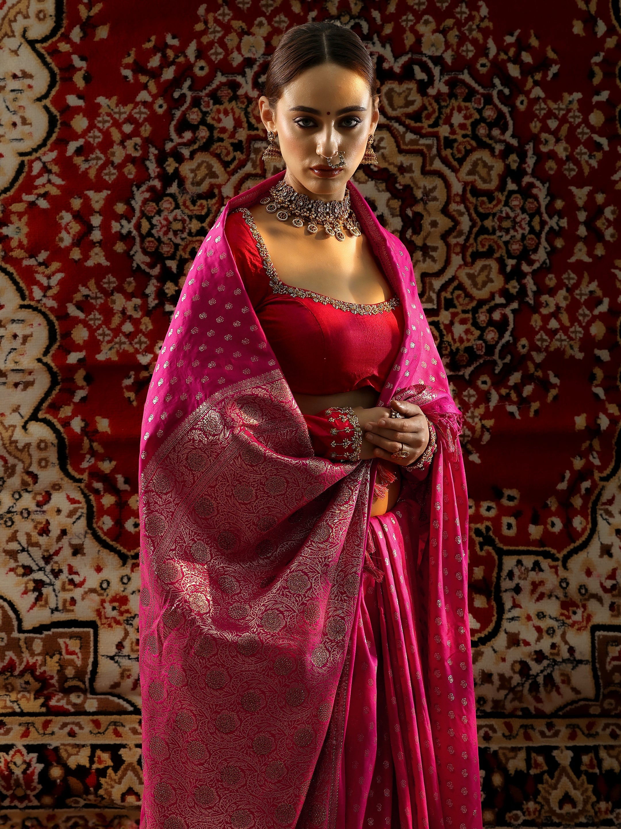 libas Pink Woven Design Banarasi Silk Blend Saree With Unstitched Blouse Piece-picture-11