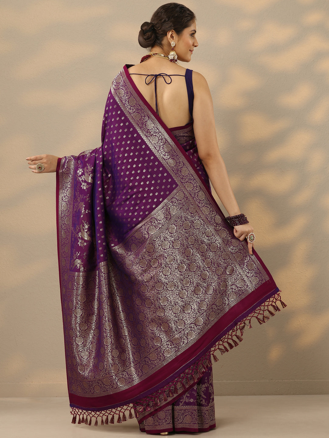  Purple Embellished Banarasi Silk Blend Saree With Unstitched Blouse Piece 