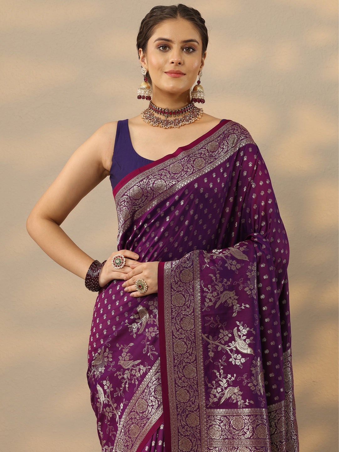  Purple Embellished Banarasi Silk Blend Saree With Unstitched Blouse Piece 