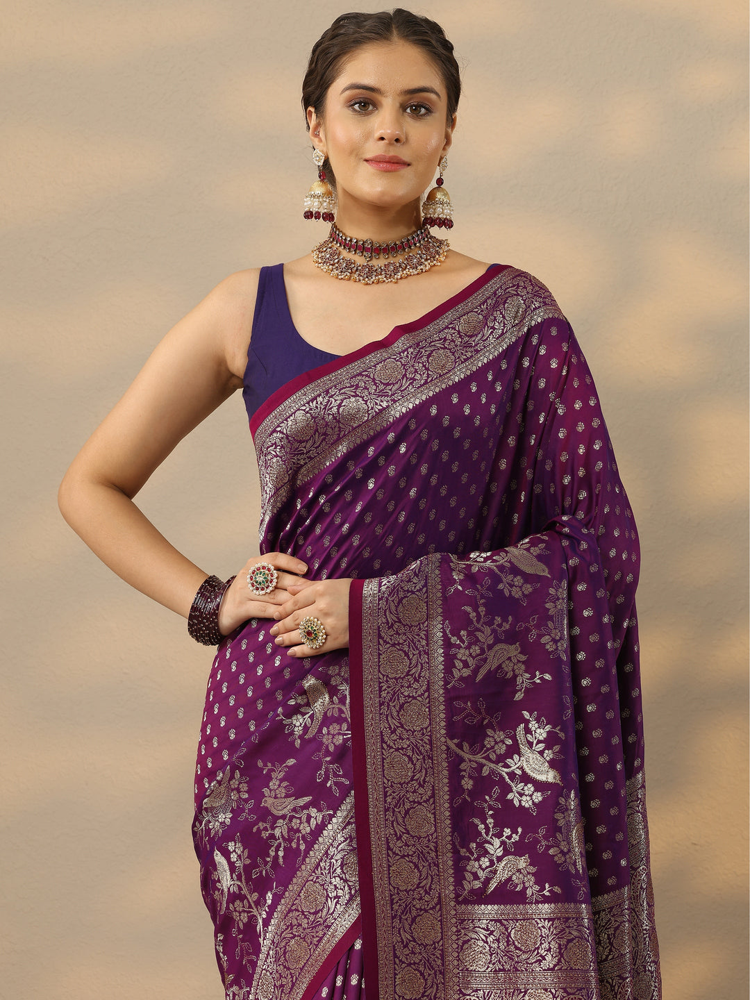  Purple Embellished Banarasi Silk Blend Saree With Unstitched Blouse Piece 