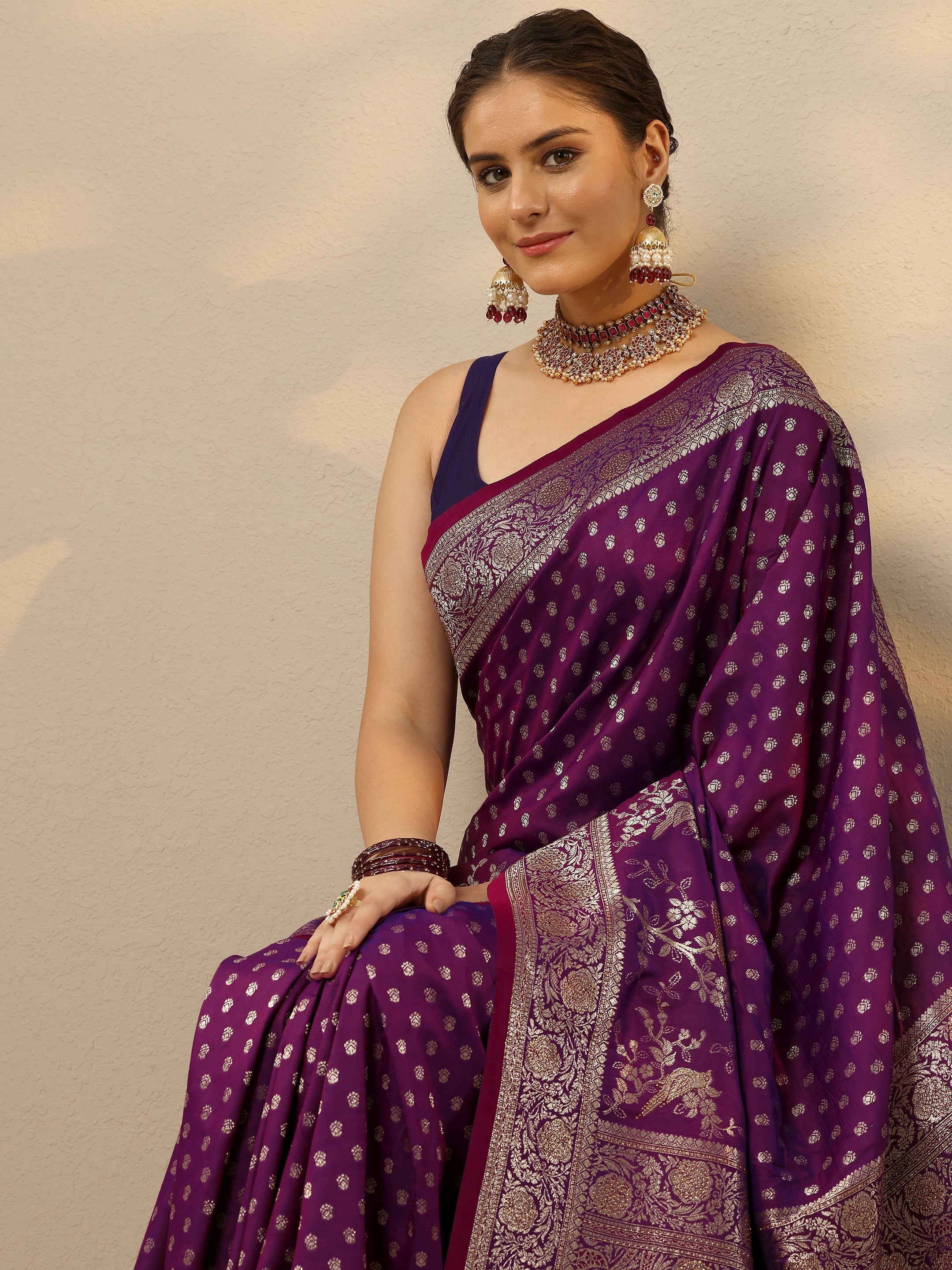 Purple Embellished Banarasi Silk Blend Saree With Unstitched Blouse Piece-image-29