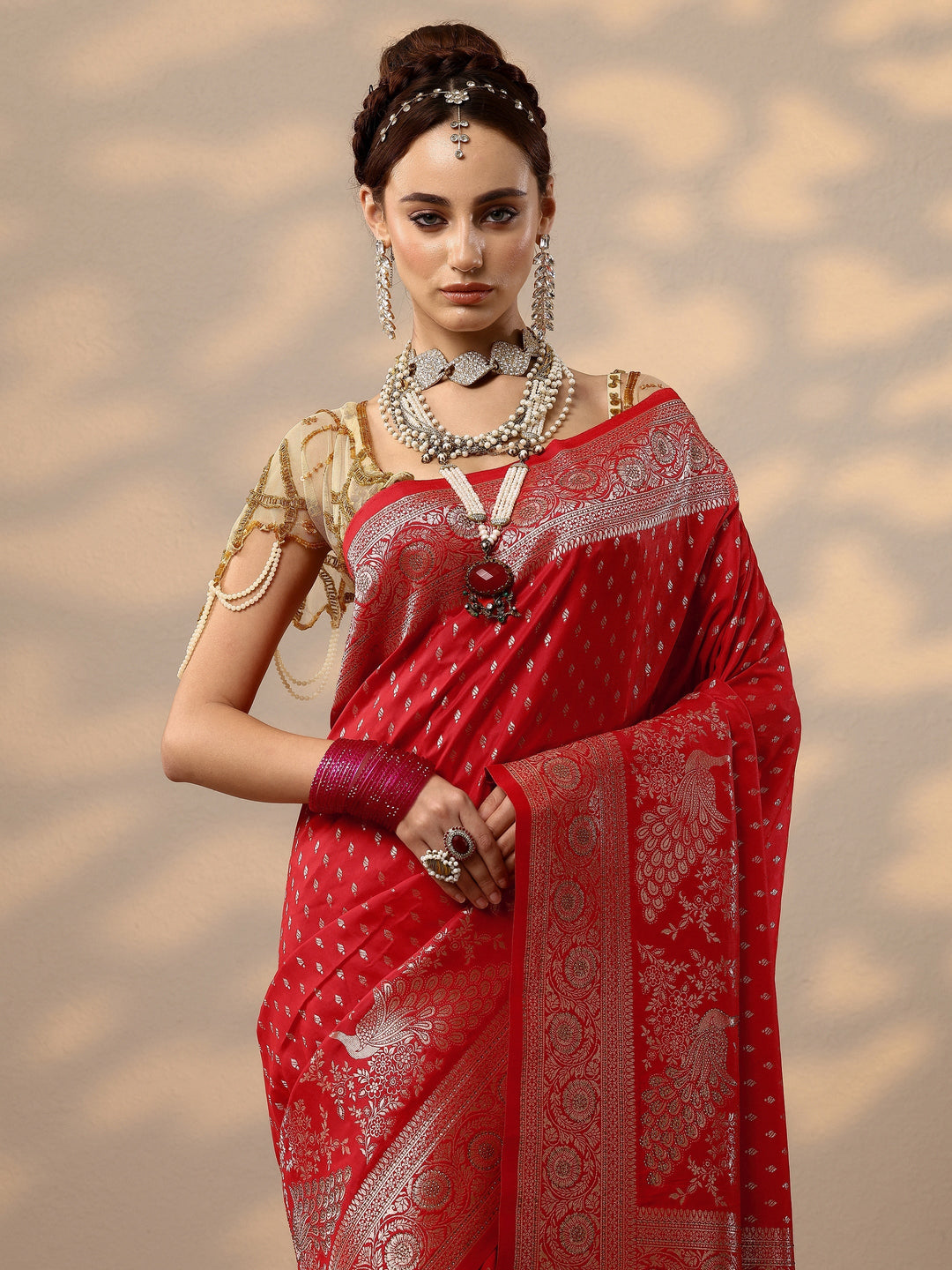  Red Woven Design Banarasi Silk Blend Saree With Unstitched Blouse Piece 