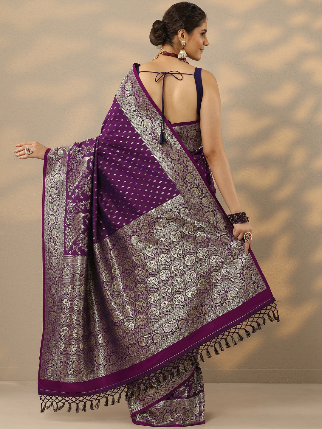  Purple Embellished Banarasi Silk Blend Saree With Unstitched Blouse Piece 