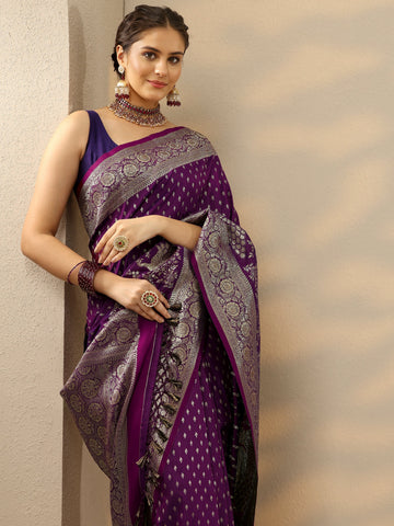 Purple Embellished Banarasi Silk Blend Saree With Unstitched Blouse Piece