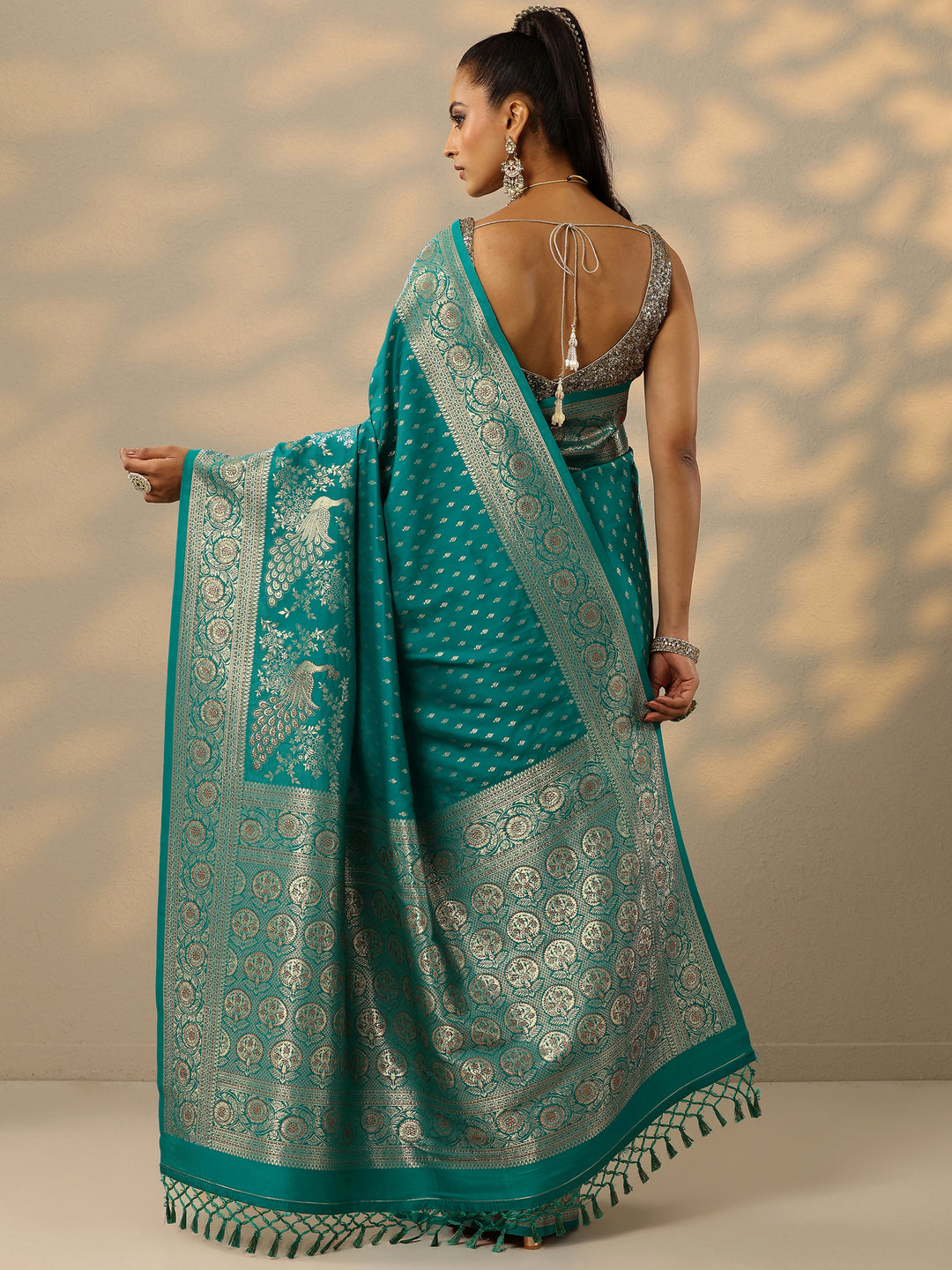  Green Embellished Banarasi Silk Blend Saree With Unstitched Blouse Piece 