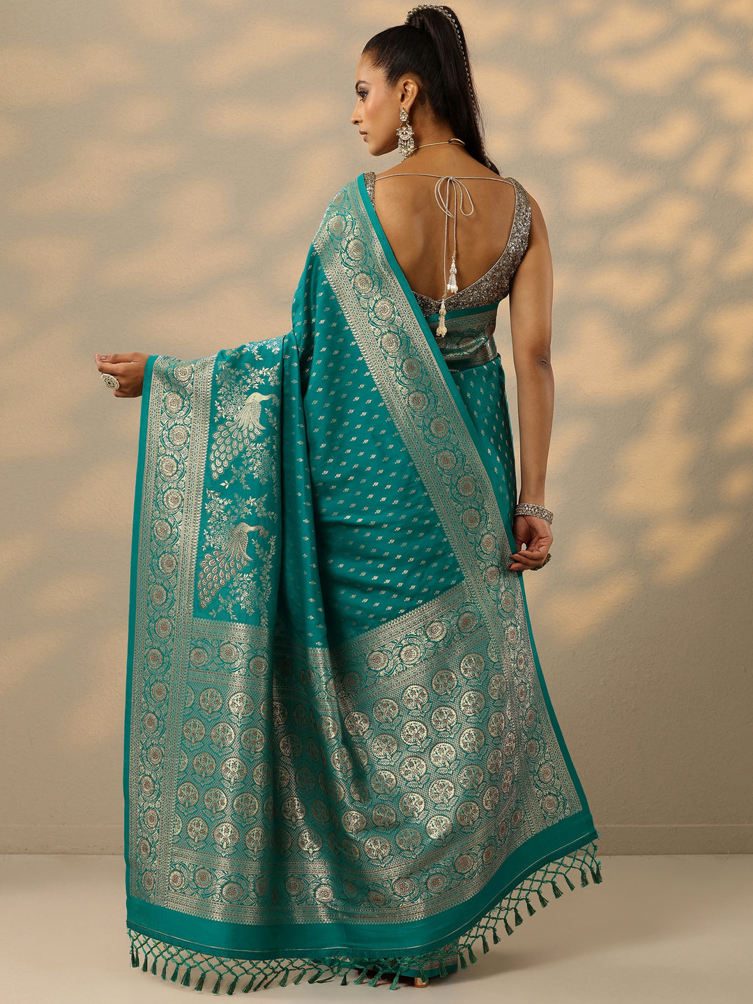  Green Embellished Banarasi Silk Blend Saree With Unstitched Blouse Piece 