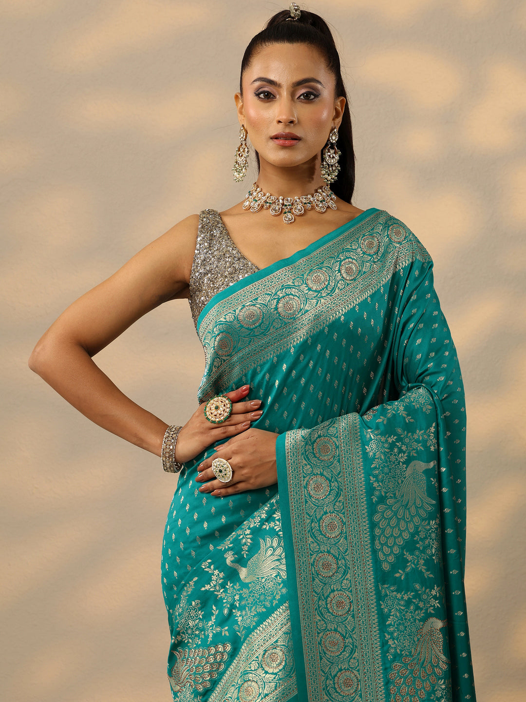  Green Embellished Banarasi Silk Blend Saree With Unstitched Blouse Piece 