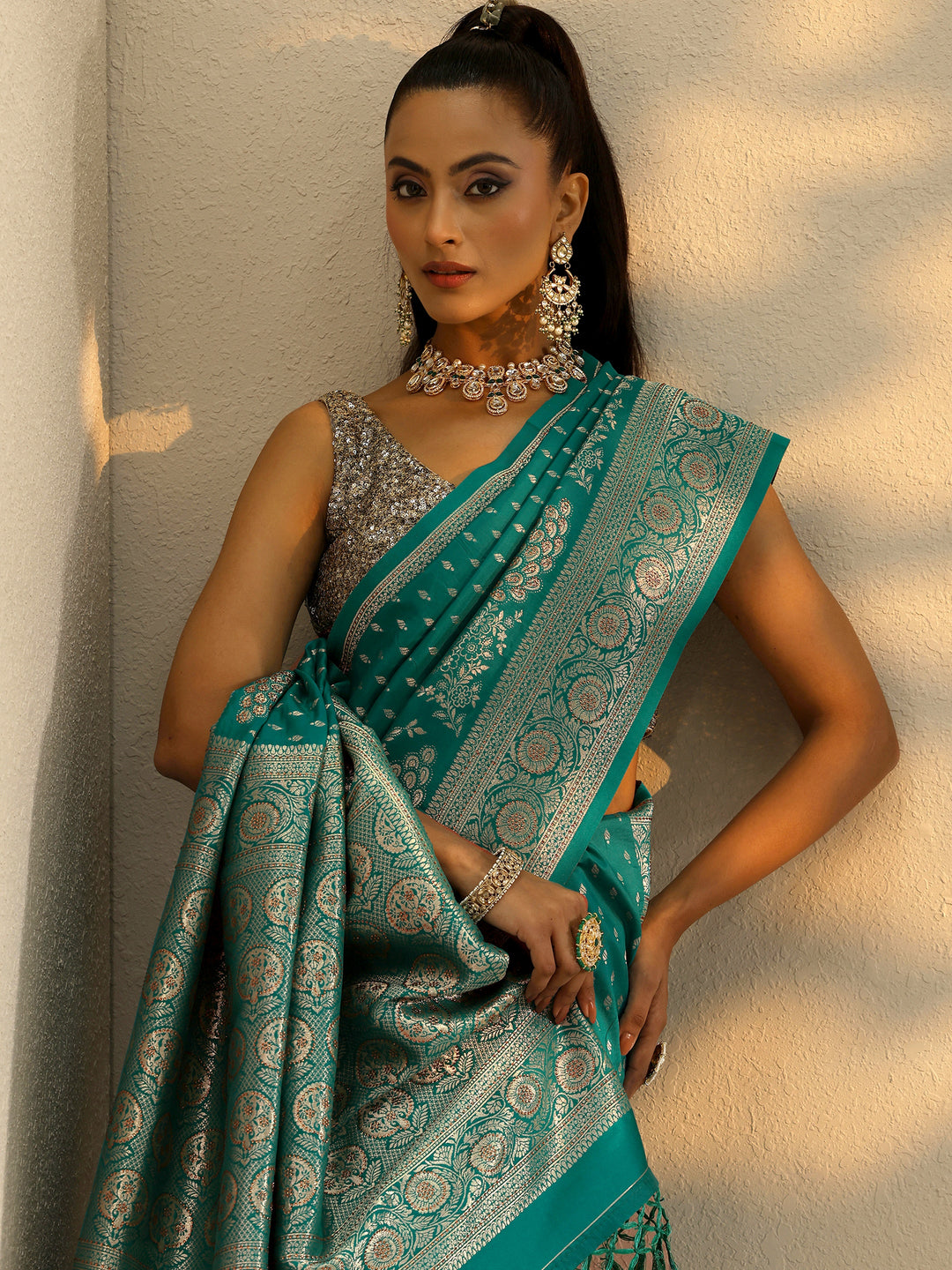  Green Embellished Banarasi Silk Blend Saree With Unstitched Blouse Piece 