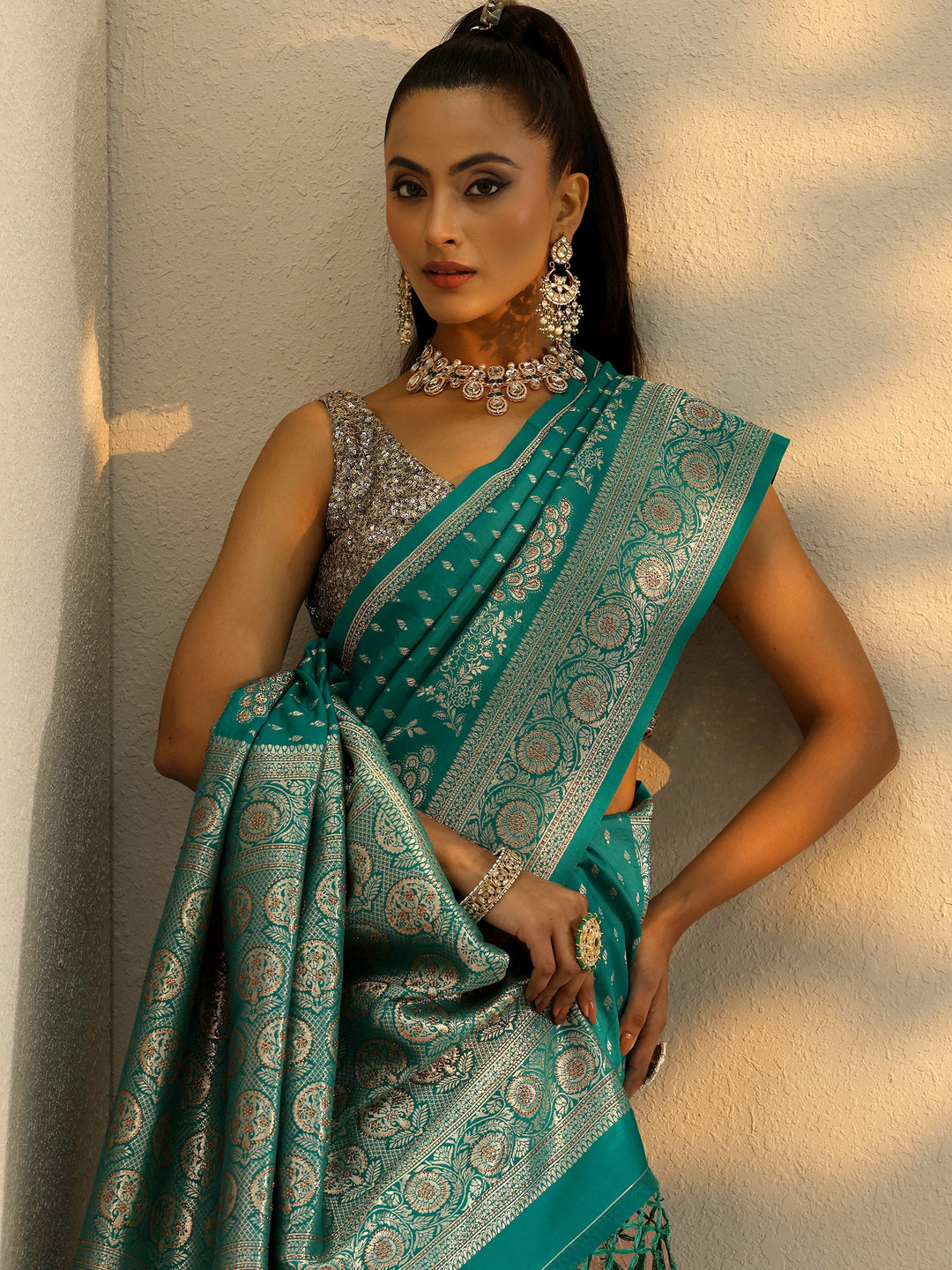  Green Embellished Banarasi Silk Blend Saree With Unstitched Blouse Piece 