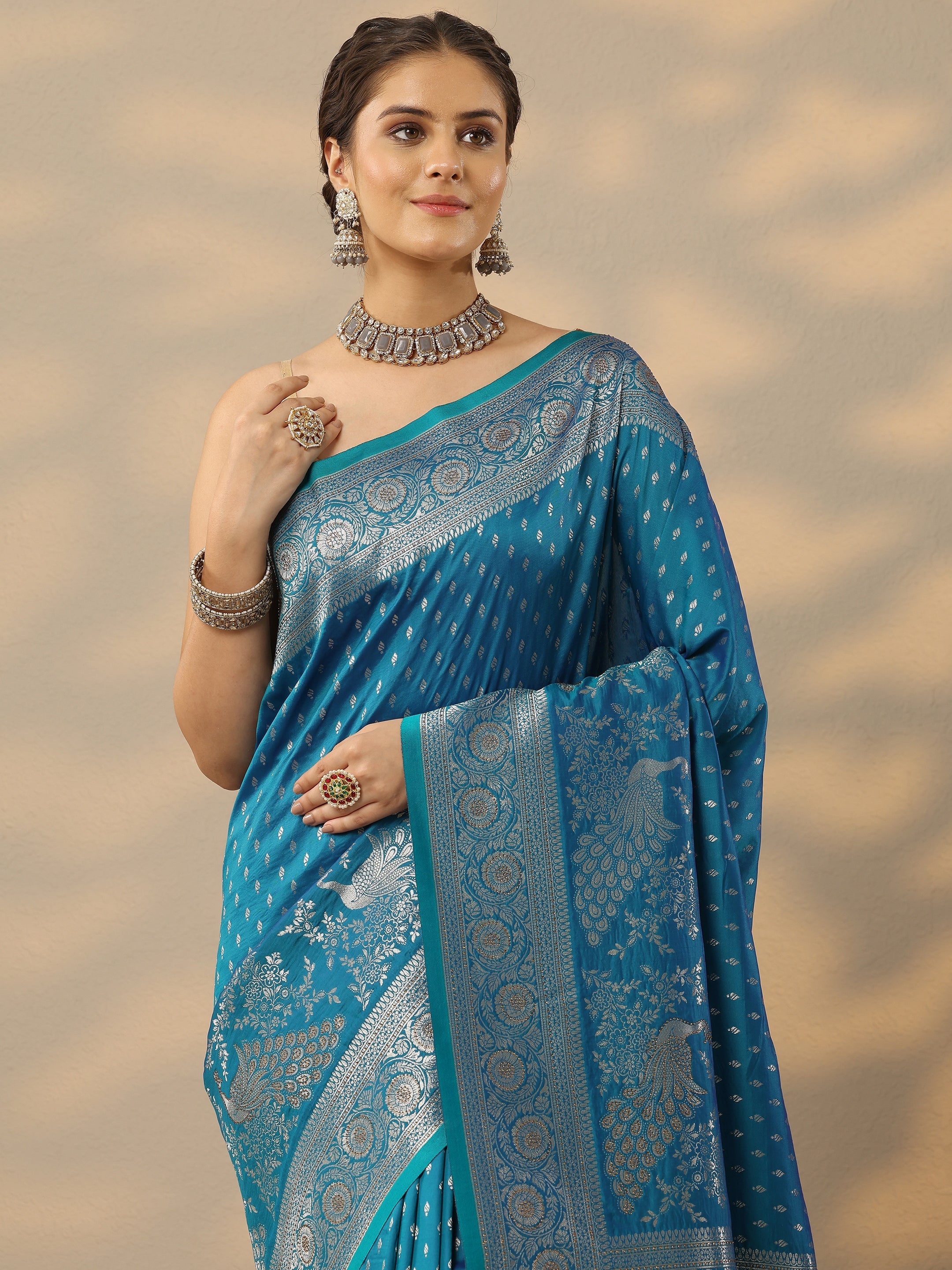libas Blue Embellished Banarasi Silk Blend Saree With Unstitched Blouse Piece-picture-51