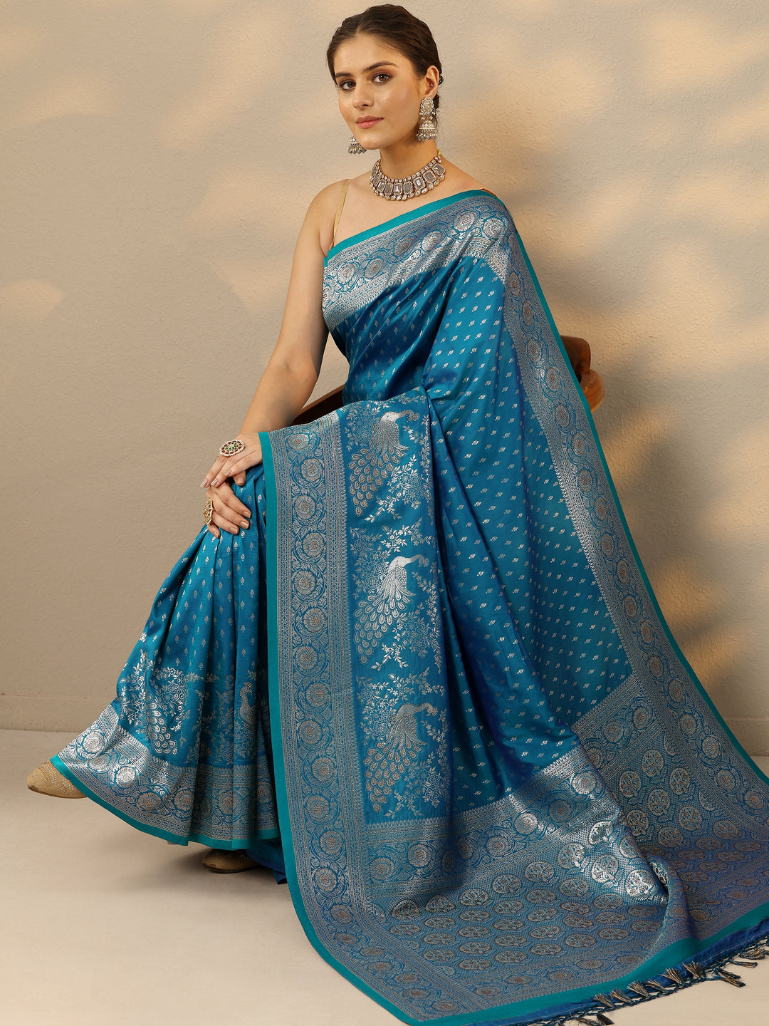  Blue Embellished Banarasi Silk Blend Saree With Unstitched Blouse Piece 