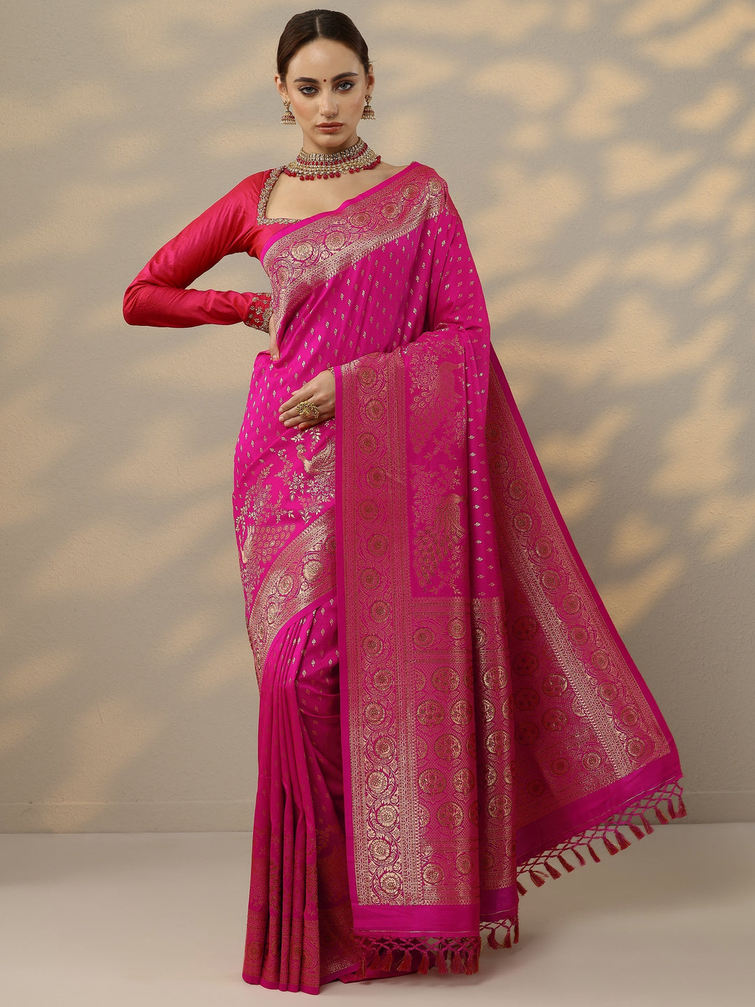  Pink Woven Design Banarasi Silk Blend Saree With Unstitched Blouse Piece 