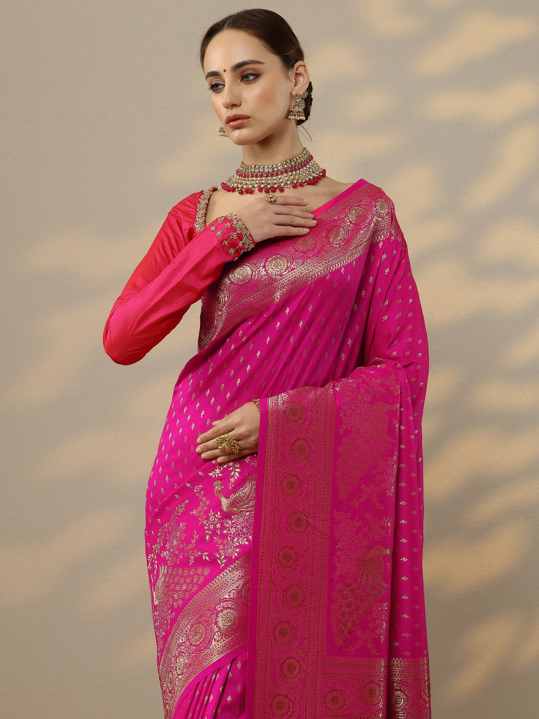  Pink Woven Design Banarasi Silk Blend Saree With Unstitched Blouse Piece 