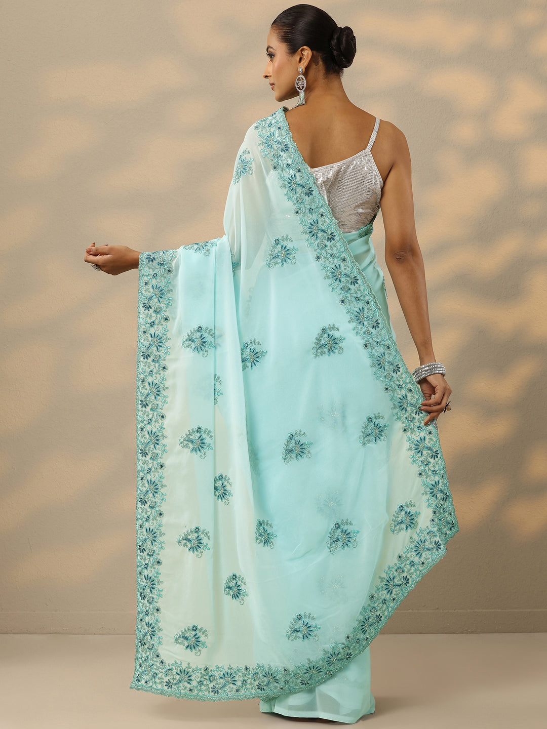  Blue Embroidered Georgette Saree With Unstitched Blouse Piece 
