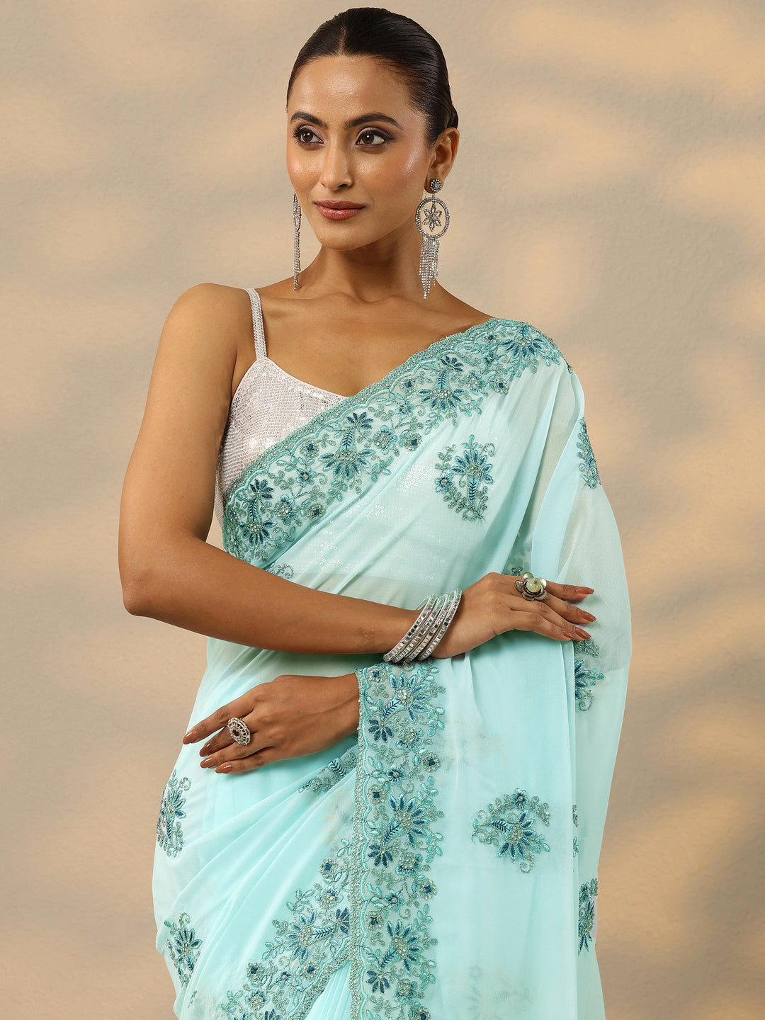 Blue Embroidered Georgette Saree With Unstitched Blouse Piece 