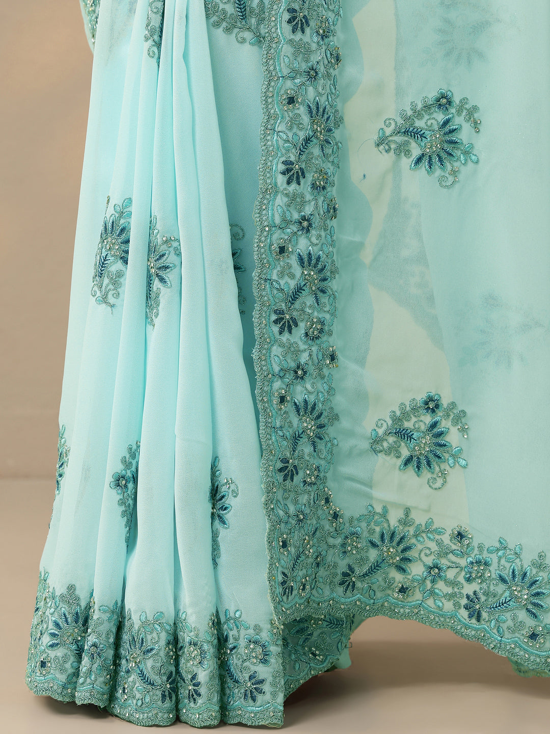  Blue Embroidered Georgette Saree With Unstitched Blouse Piece 