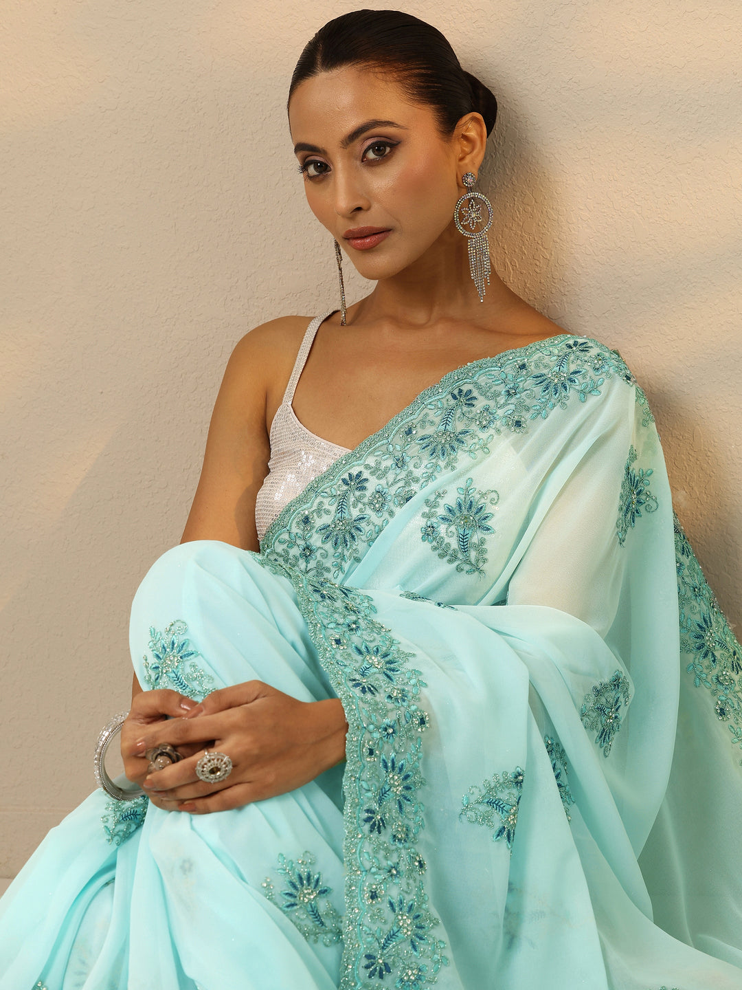  Blue Embroidered Georgette Saree With Unstitched Blouse Piece 