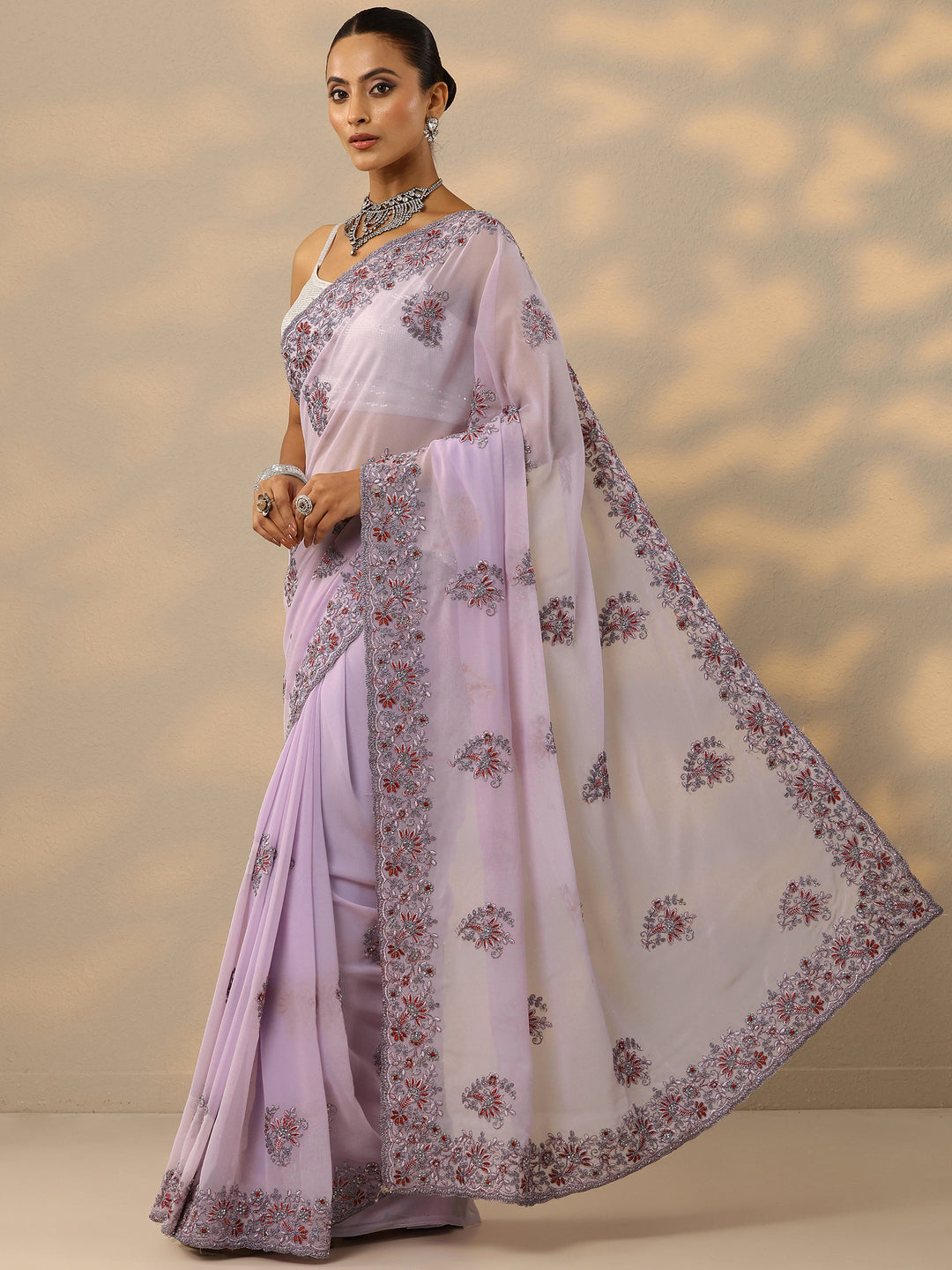  Lavender Embroidered Georgette Saree With Unstitched Blouse Piece 