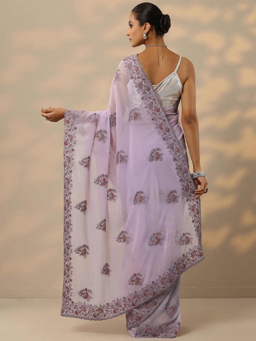  Lavender Embroidered Georgette Saree With Unstitched Blouse Piece 