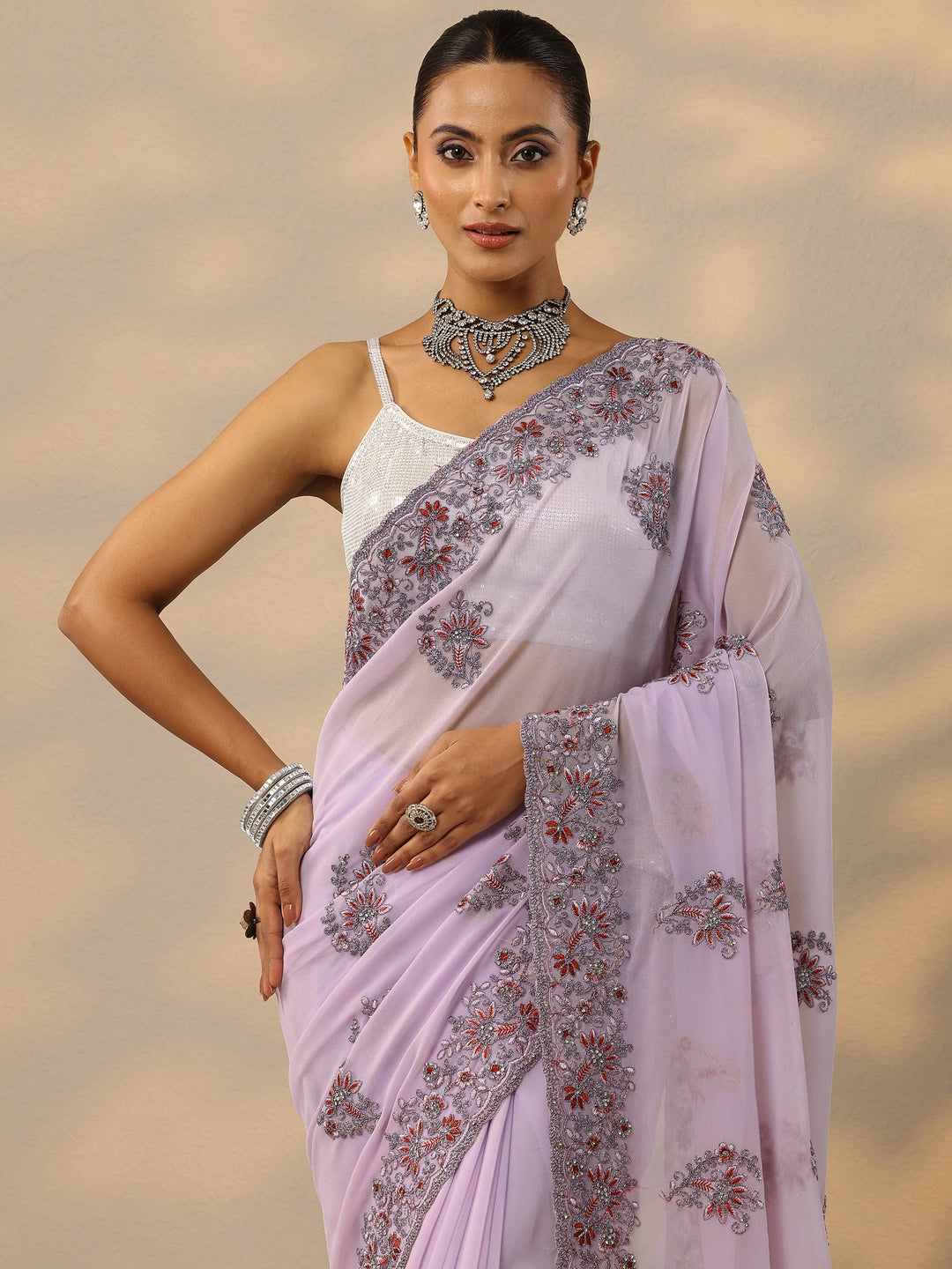 Lavender Embroidered Georgette Saree With Unstitched Blouse Piece 