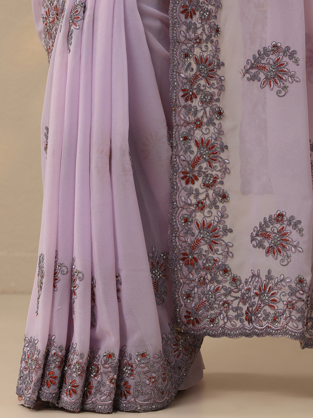  Lavender Embroidered Georgette Saree With Unstitched Blouse Piece 