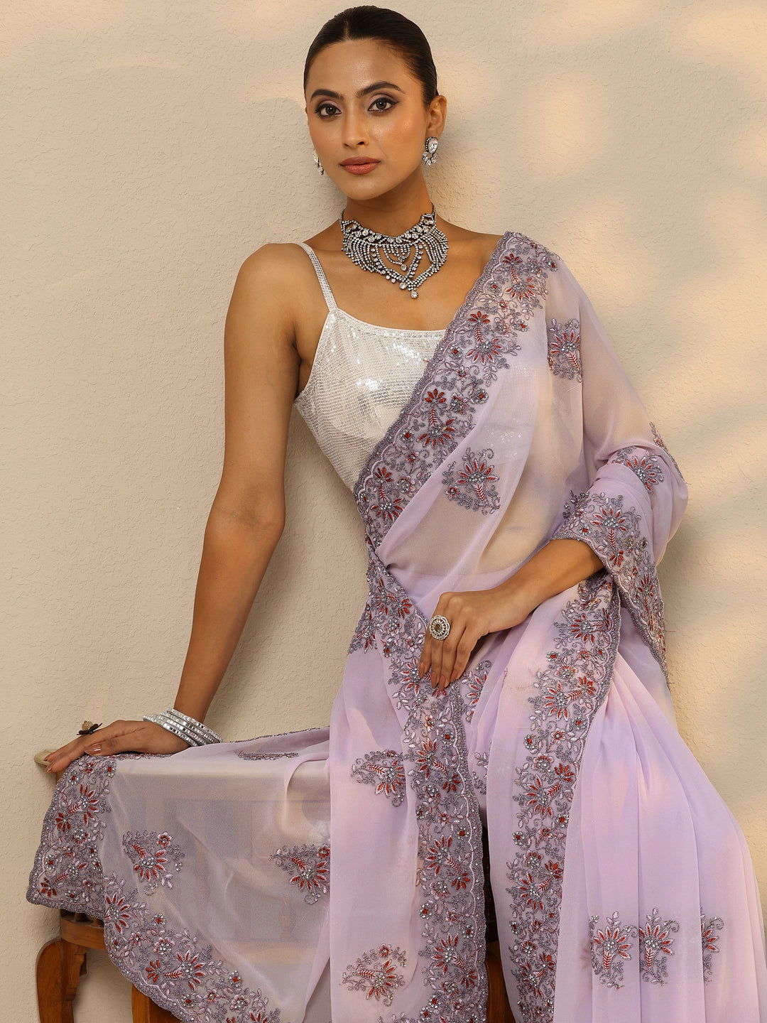  Lavender Embroidered Georgette Saree With Unstitched Blouse Piece 