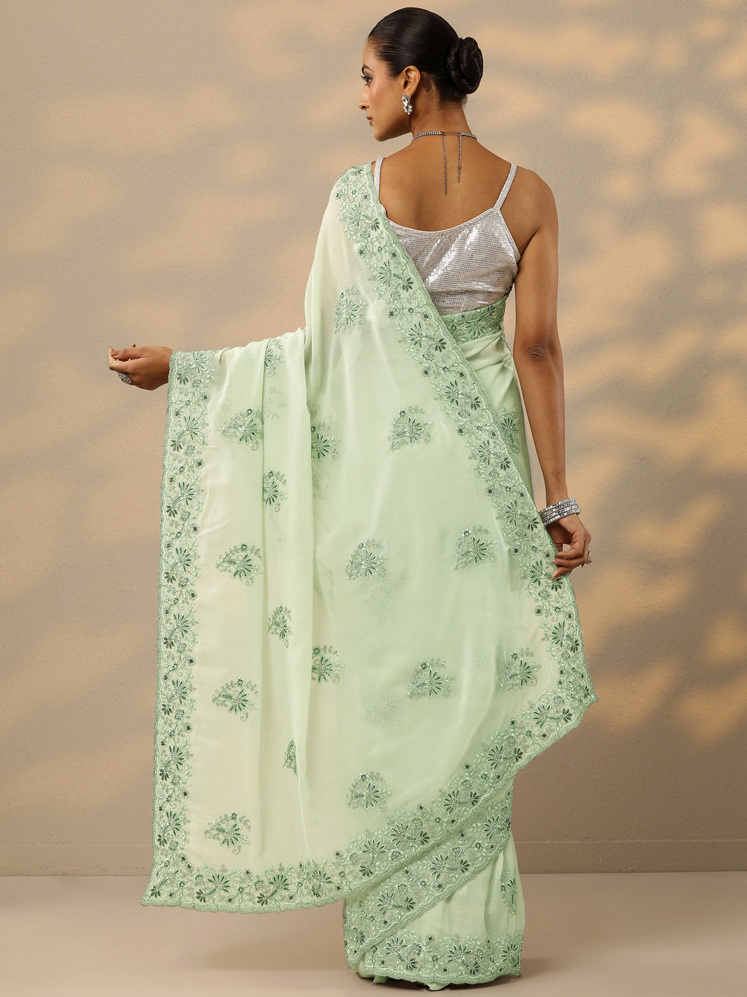  Green Embroidered Georgette Saree With Unstitched Blouse Piece 