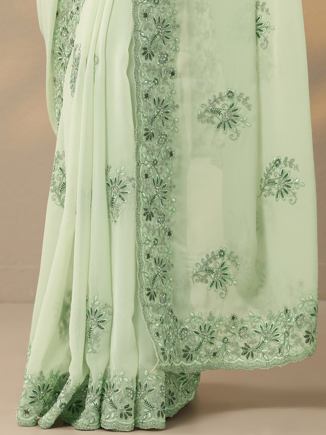  Green Embroidered Georgette Saree With Unstitched Blouse Piece 