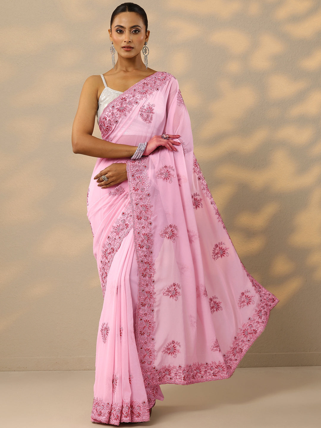  Peach Embroidered Georgette Saree With Unstitched Blouse Piece 