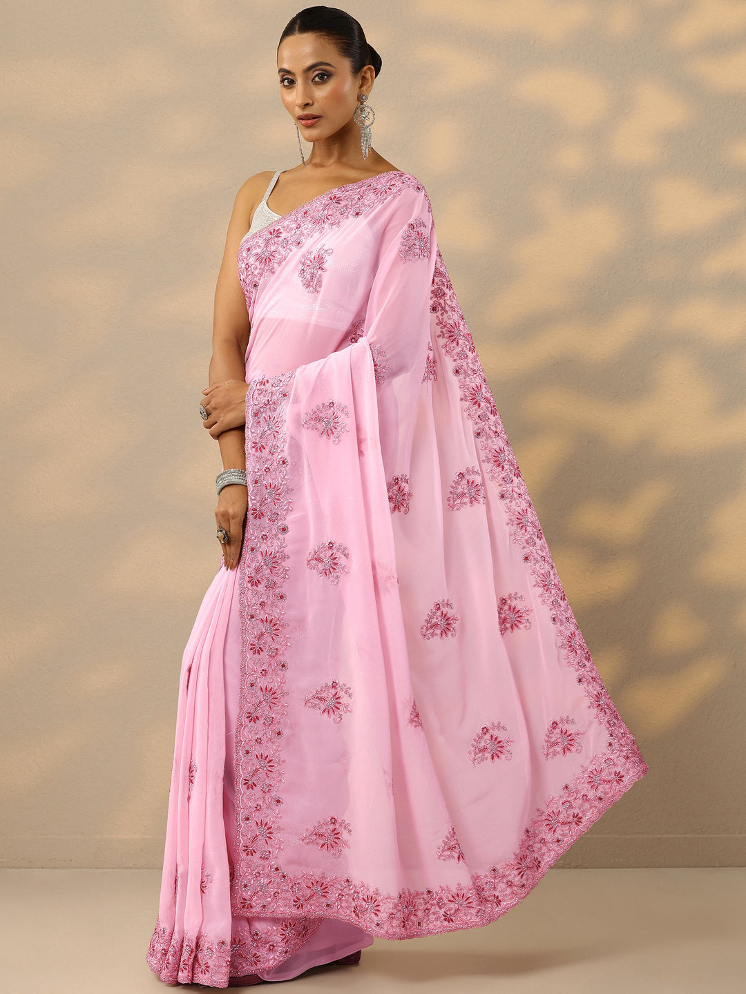  Peach Embroidered Georgette Saree With Unstitched Blouse Piece 