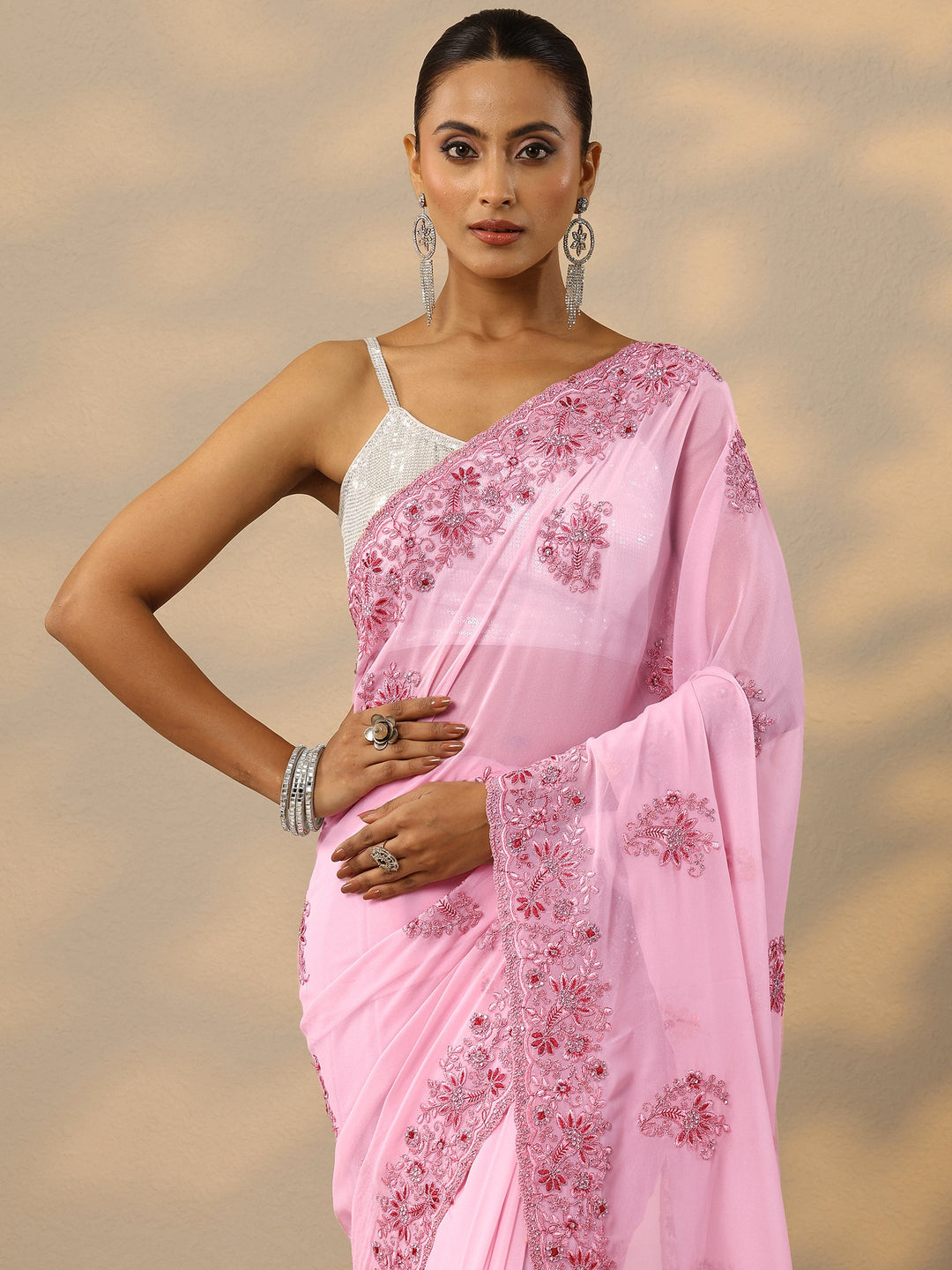  Peach Embroidered Georgette Saree With Unstitched Blouse Piece 