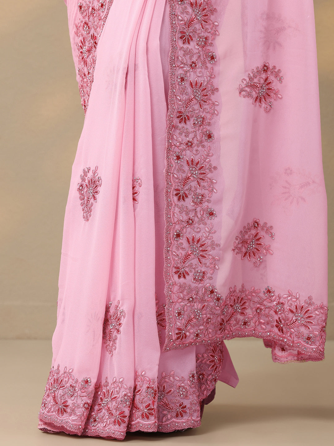  Peach Embroidered Georgette Saree With Unstitched Blouse Piece 