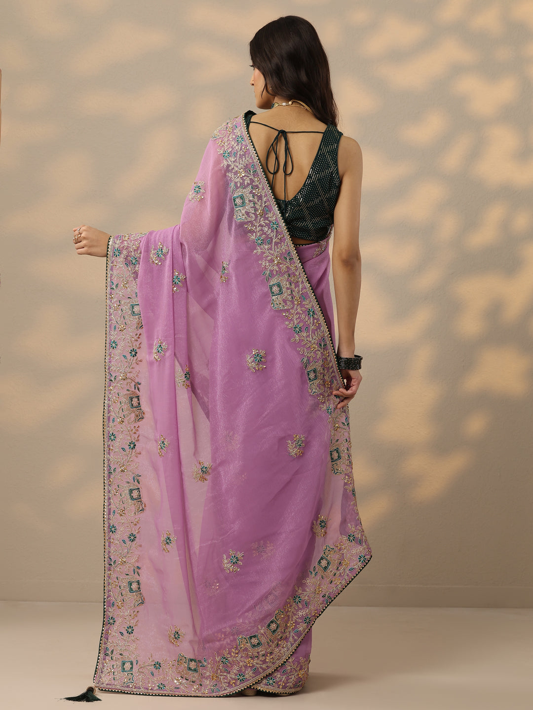  Lavender Embroidered Chinon Saree With Unstitched Blouse Piece 