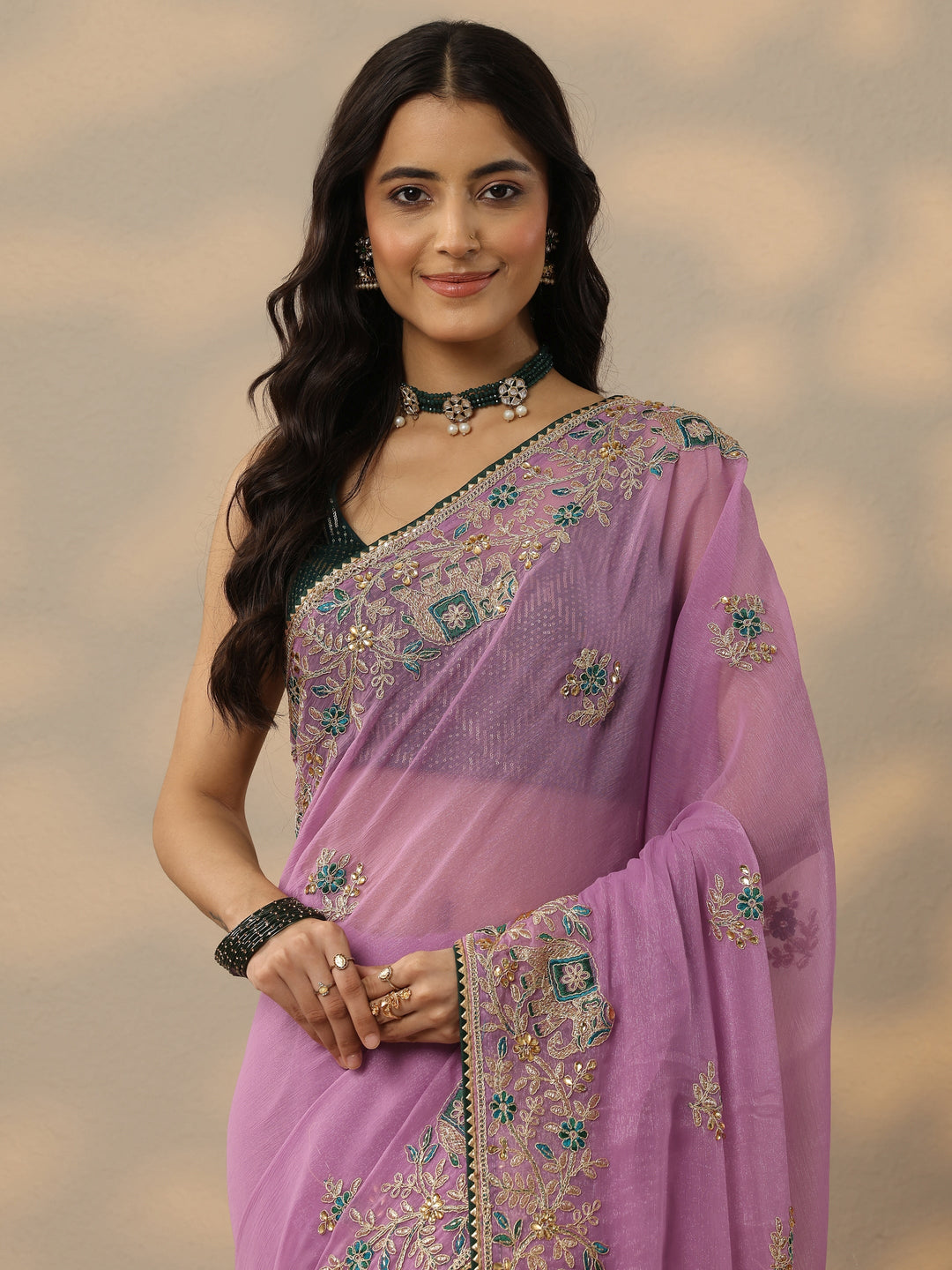  Lavender Embroidered Chinon Saree With Unstitched Blouse Piece 