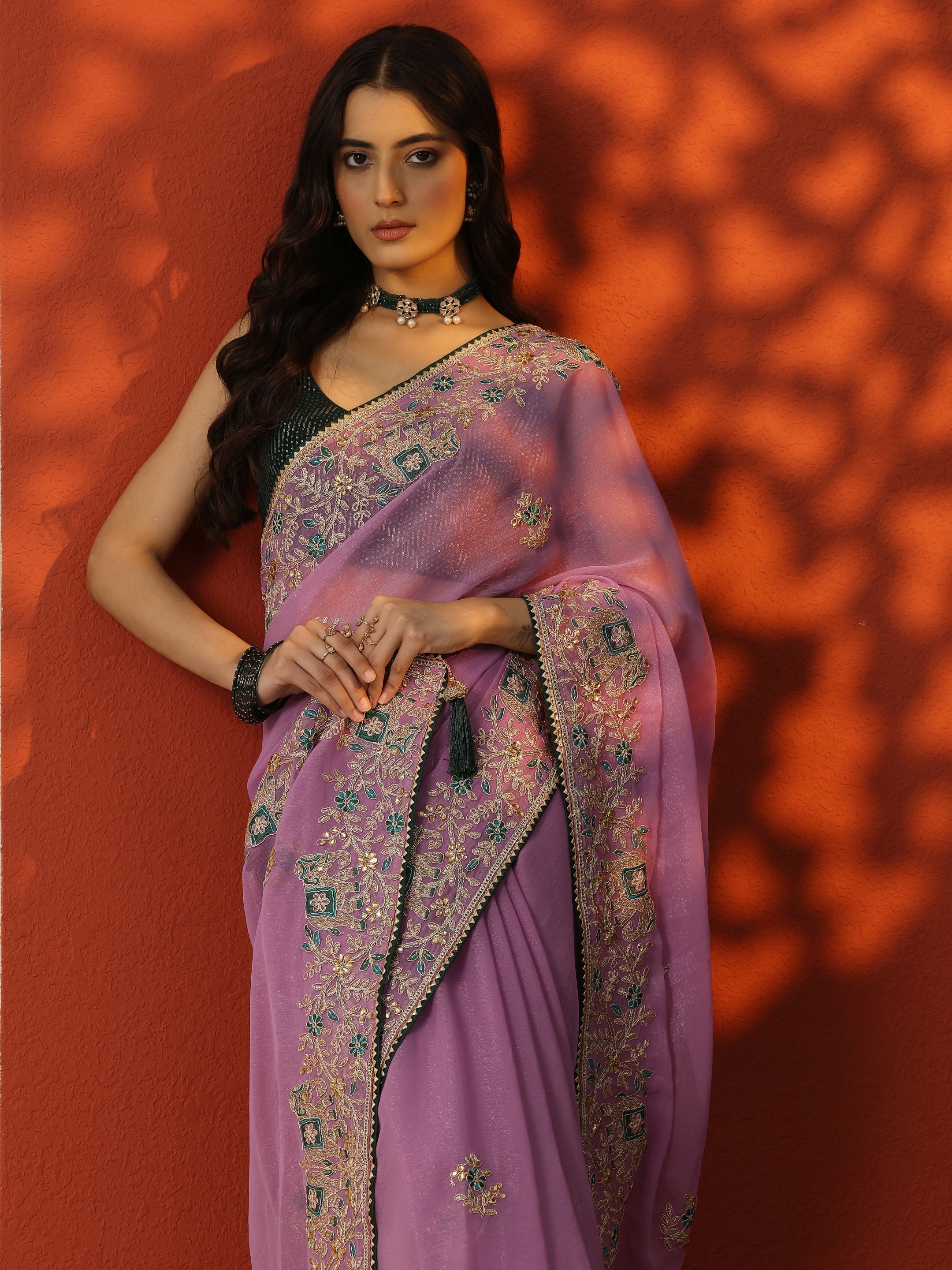 Lavender Embroidered Chinon Saree With Unstitched Blouse Piece-image-44