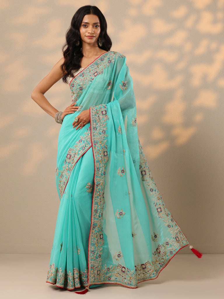 Libas Turquoise Blue Embroidered Chinon Saree With Unstitched Blouse Piece