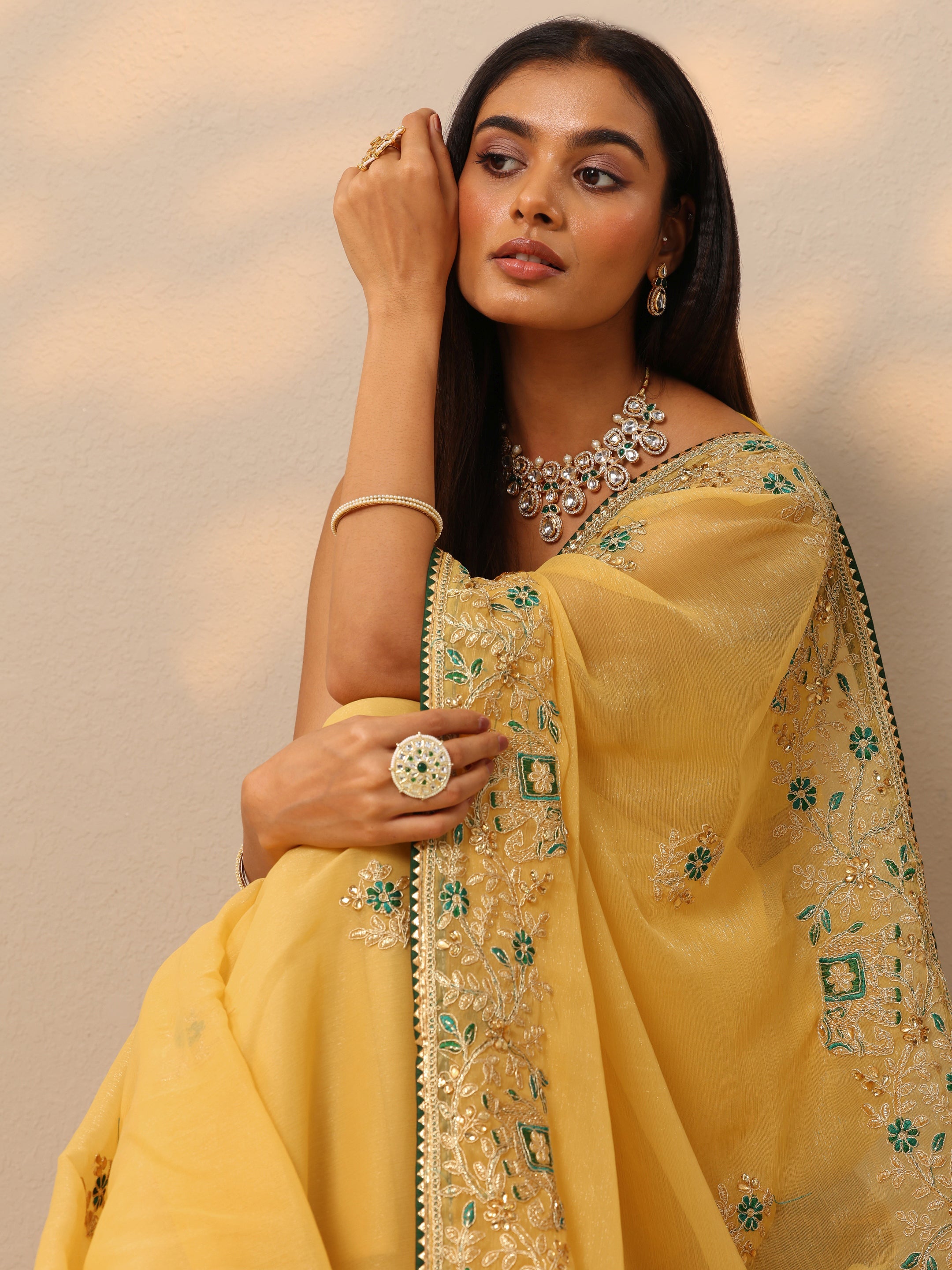 libas Mustard Embroidered Chinon Saree With Unstitched Blouse Piece-picture-45