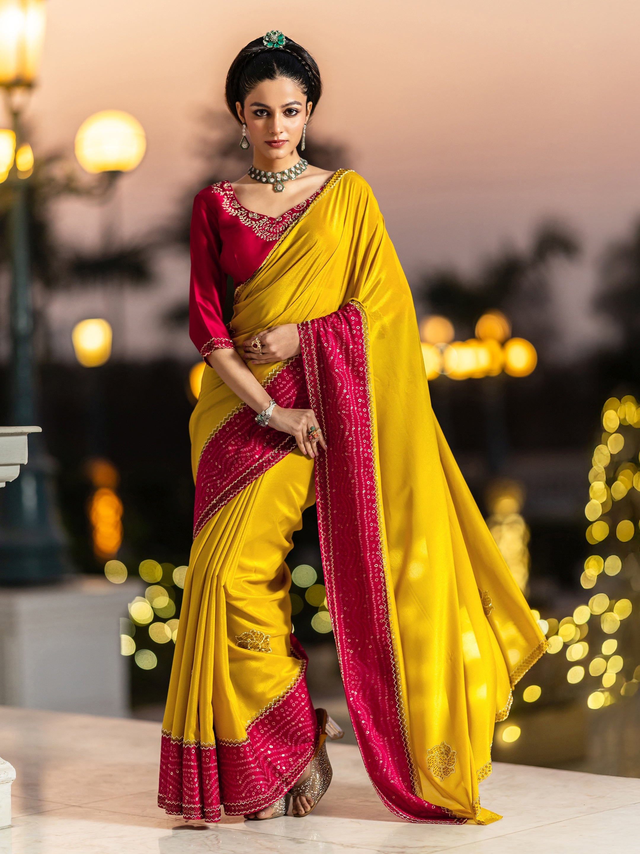 Mustard Embellished Crepe Saree With Unstitched Blouse Piece-image-33
