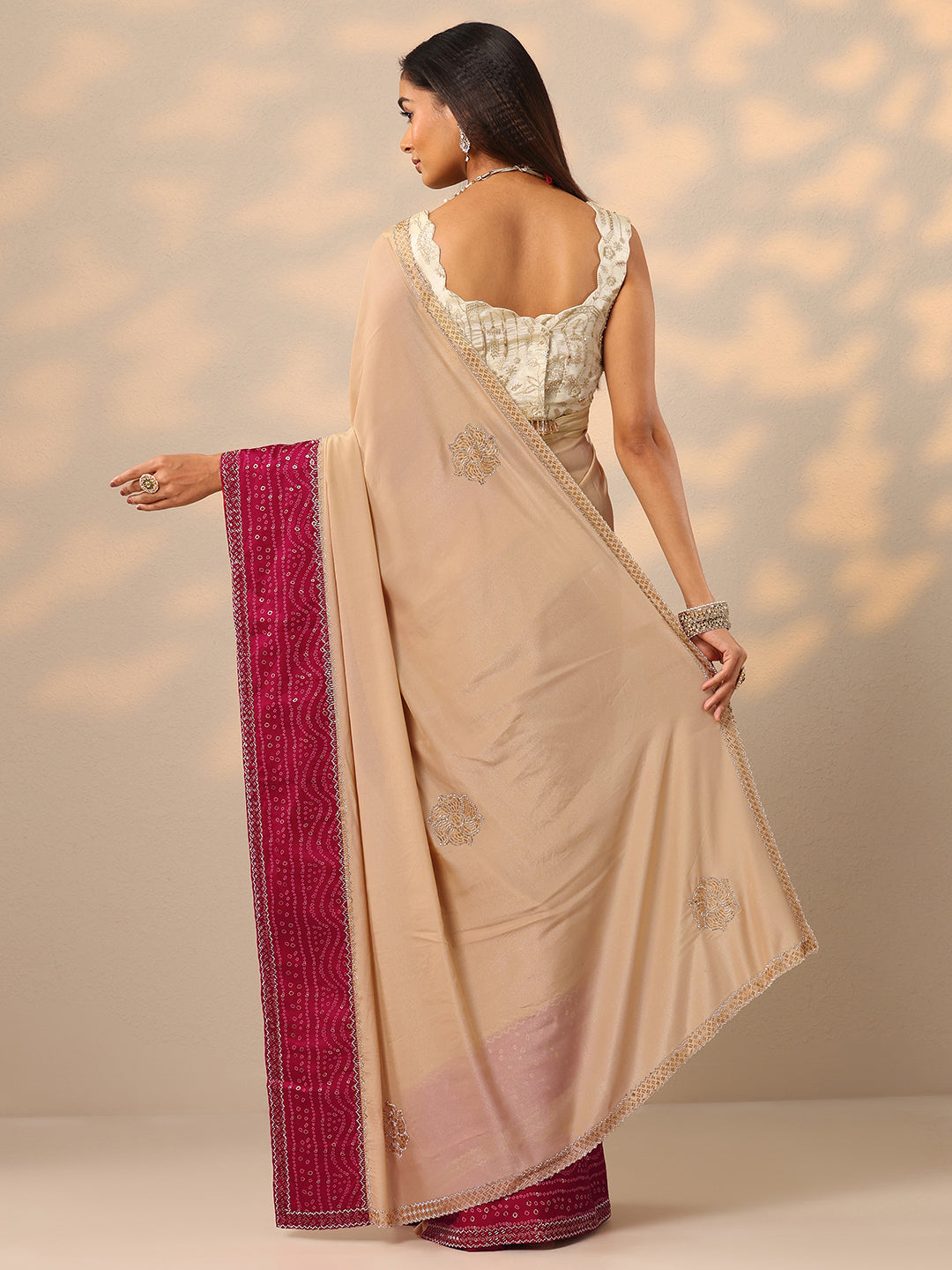  Beige Embellished Crepe Saree With Unstitched Blouse Piece 