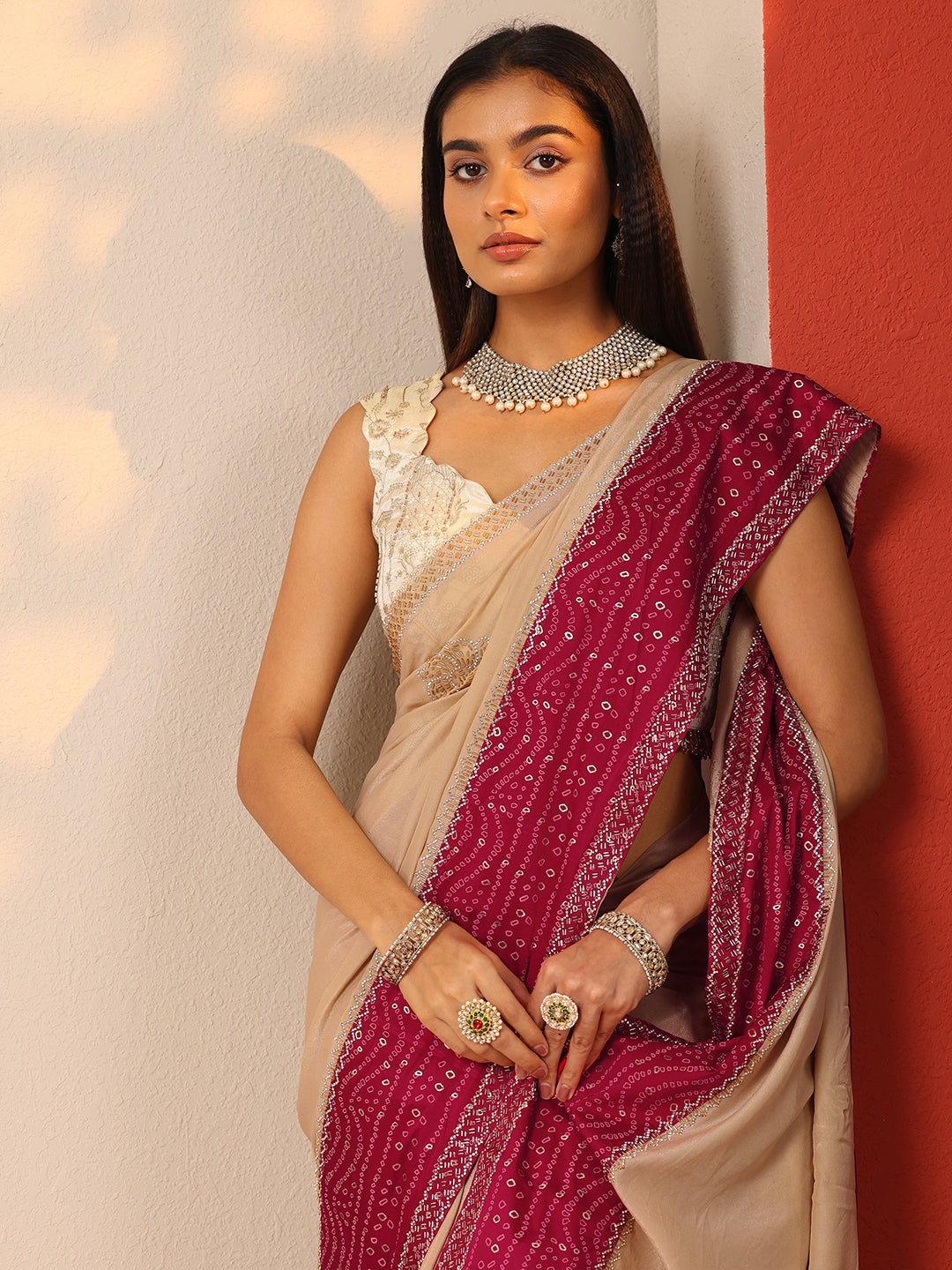  Beige Embellished Crepe Saree With Unstitched Blouse Piece 