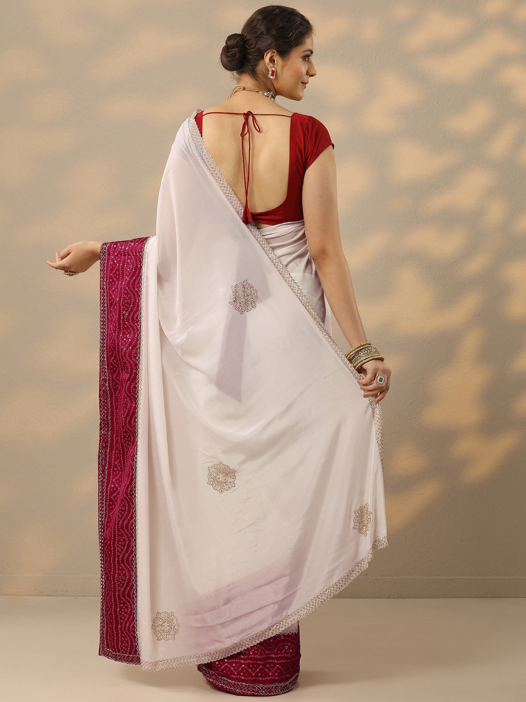 Buy White Embellished Crepe Saree With Unstitched Blouse Piece