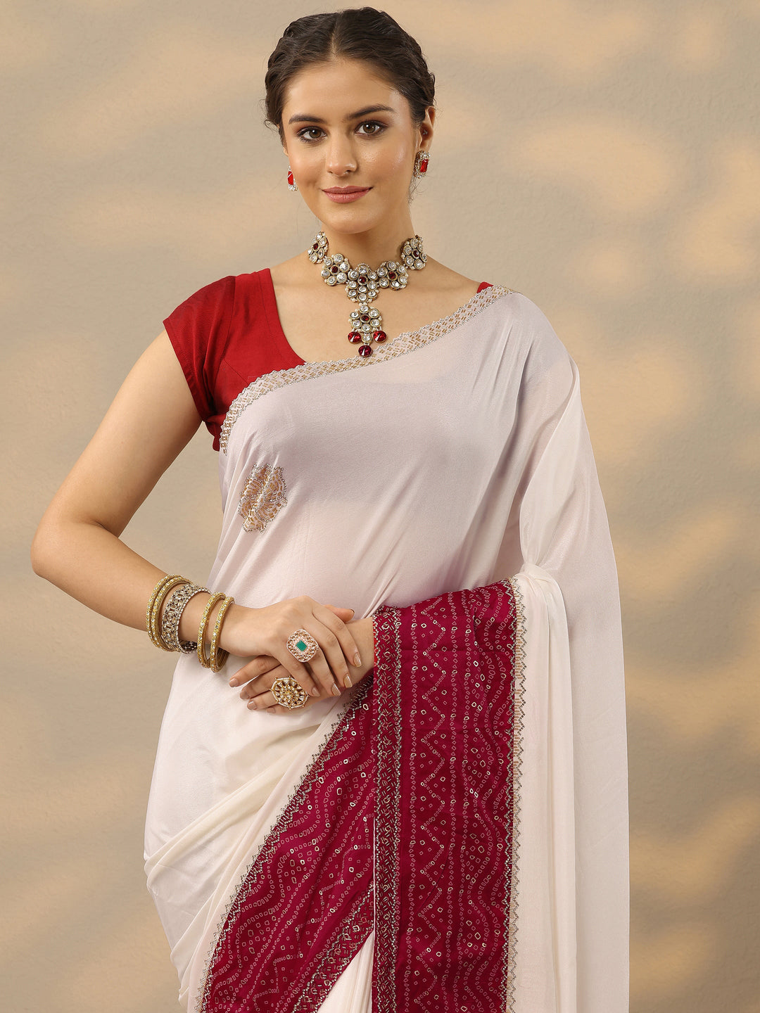  White Embellished Crepe Saree With Unstitched Blouse Piece 